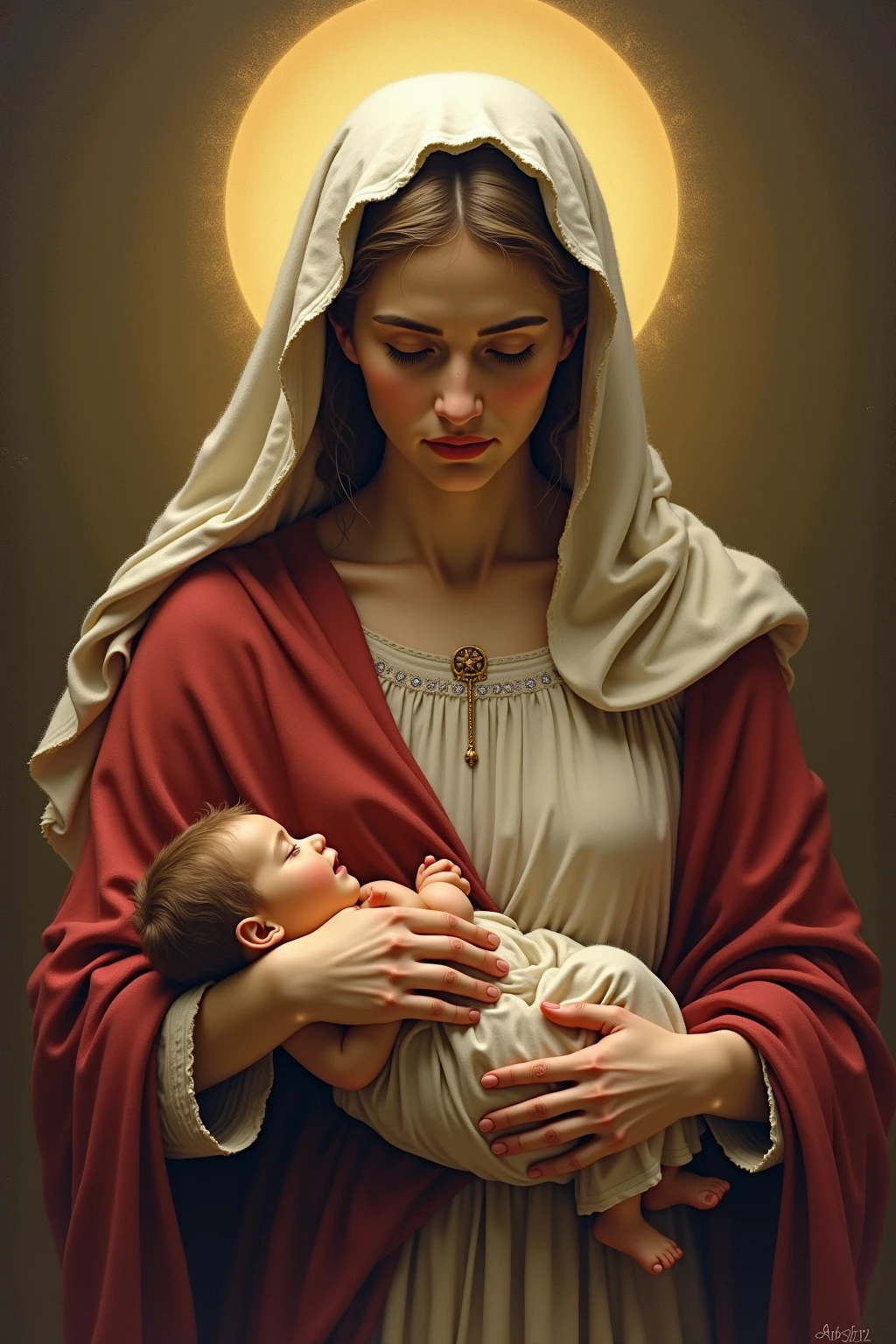 Virgin of Carmen with the child, with a white cape and brown tunic, the Virgin of Carmen, with white tunic the child, realist, with lots of gold accessories, beautiful, The Virgin of Carmen with a crown, the Virgin of Carmen has an angelic face, the virgin of Carmen standing, that the entire body of the Virgin of Carmen be shown, that the Virgin of Carmen be shown from head to toe