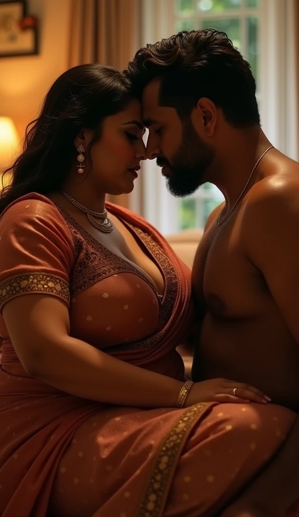 a  50-year-old shirtless man  affectionately hugging and kissing aradiant, full-figured South Indian plus-sized 30 year old teacher wearing a off white silky saree in  dressing room, captured in a full-body image with vibrant hues and meticulous details. Full body image