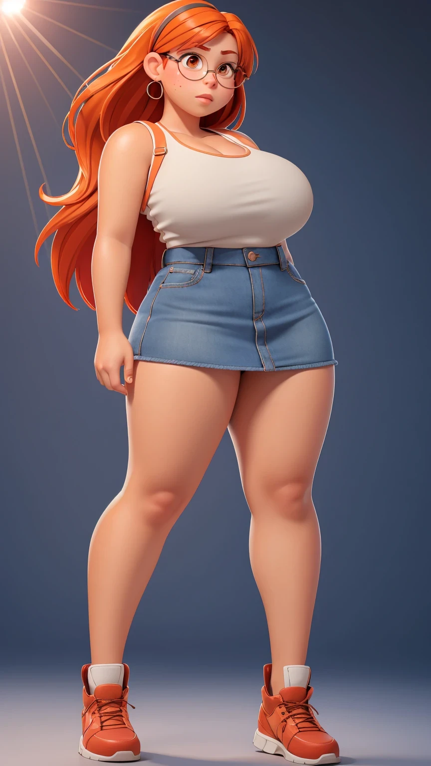 (best quality:1.4),(shiny skin), body focus, (cute face), (((best quality))), illustration, ((Beautiful Finger)), , Beautiful body, Beautiful character design, ,perfect lighting, Colorful, Bright_Front_face_Lighting, ultra high res, highres, absurdres:1.2, bokeh:1.2, lens flare, (vibrant_color:1.2), (Beautiful, huge breasts:1.4), full body view, mini skirt, adult, adult,
Reddish-orange hair, red hairclip, circular glasses, (brown eyes:1.2), tank top, serious. (chubby:1), blue denim skirt, tall, long legs