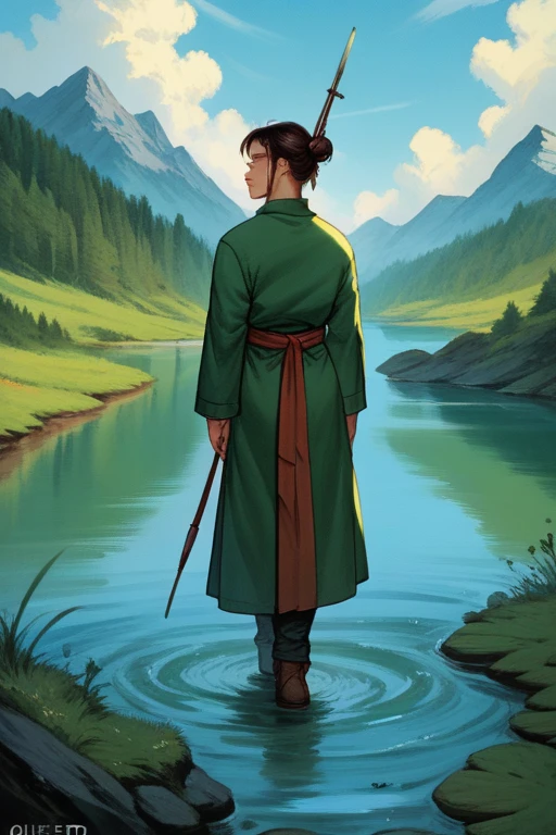 profile portrait, full body, short hair up to neck, Aiko muscular naked Asian woman posing in front of a river, an art painting by Rob Liefeld, tumblr, fantasy realism, anime, detailed painting, CC comics