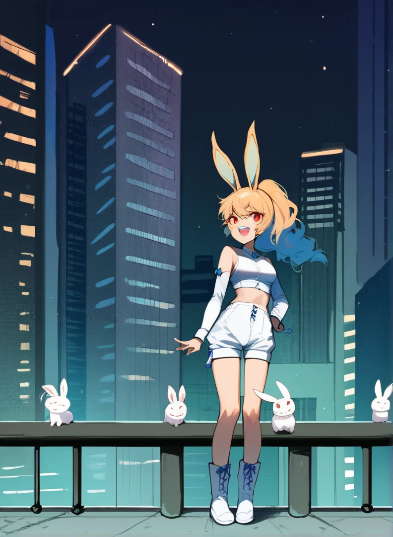 score_9, score_8_up, score_7_up,((best quality)), absurdres, ((full body)), ASYKWPXL,crop top, white crop top, detached sleeves, white sleeves, bare shoulders, red eyes, white animal ears, ponytail, boots, vanilla hair, white shorts, midriff, snow white skin, rabbit ears, light-skinned female, night, city, building roof, slim, rabbit girl, standing, white bunny ears, pale skin, light blue tongue, open mouth, futuristic city, looking abave