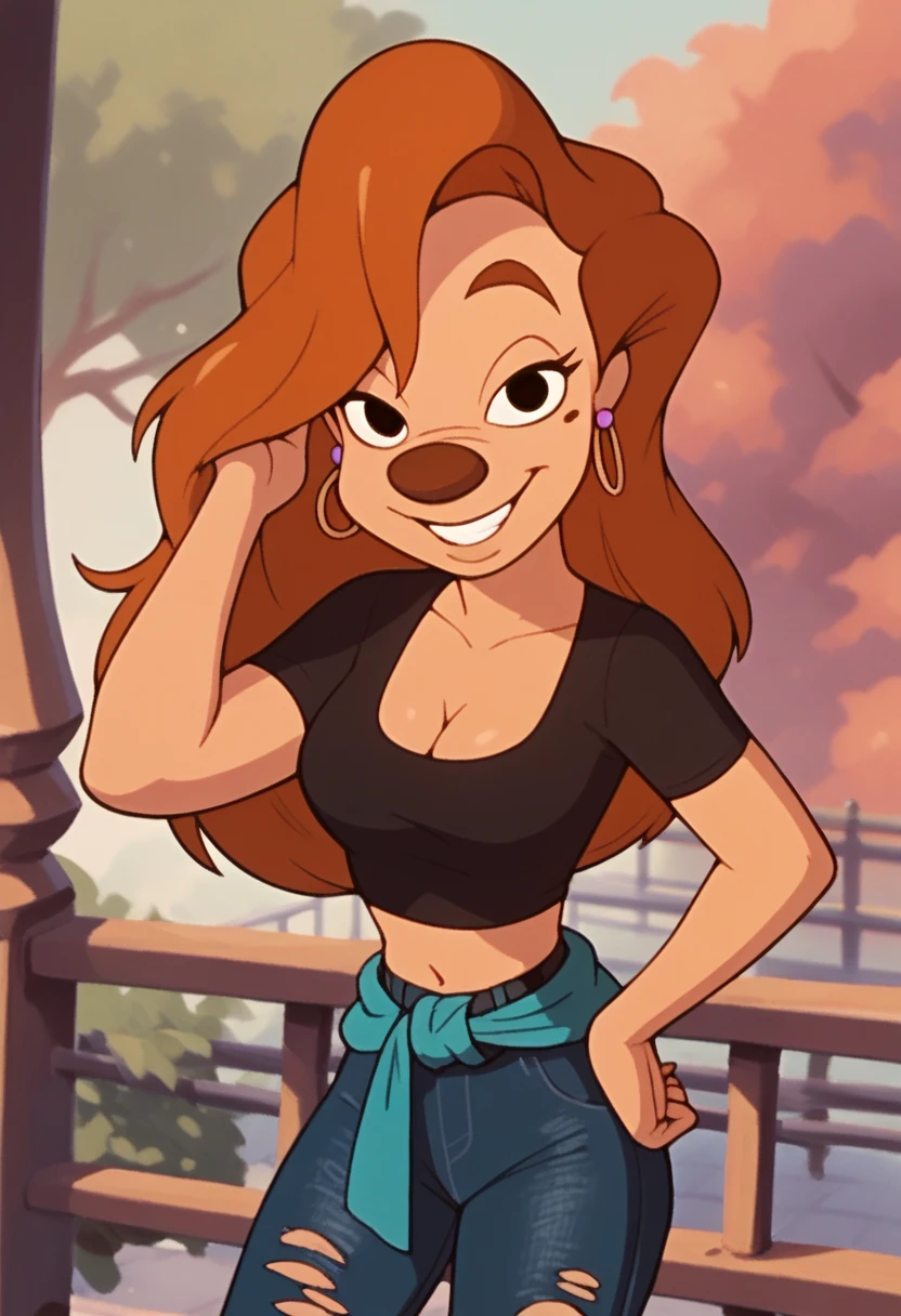 roxanne, 1girl, brown hair, long hair, solo, gold hoop earrings, black eyes, black clothing cutout, black crop top, cleavage, smile, furry female, black clothes around waist, torn jeans, score_9, score_8_up, score_7_up, score_6_up, score_5_up, score_4_up, looking at viewer, hand on own hip, cowboy shot, hand in own hair, outdoors,