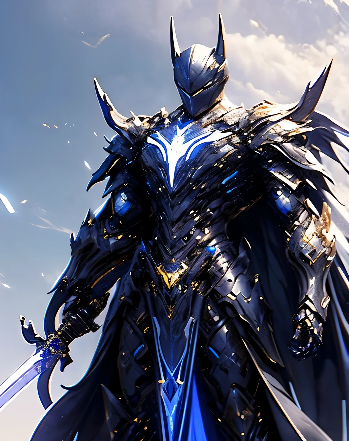 batman in armor with a sword and a cape on his shoulders, intricate assassin mecha armor, elegant smooth silver armor, sleek smooth white plated armor, silver cyber armor, gold and silver armour suit, shiny silver metal armor, arasaka mech, white plated armor, god king of ai art, silver and gold heavy armor, shiny metal armor, white metallic armor