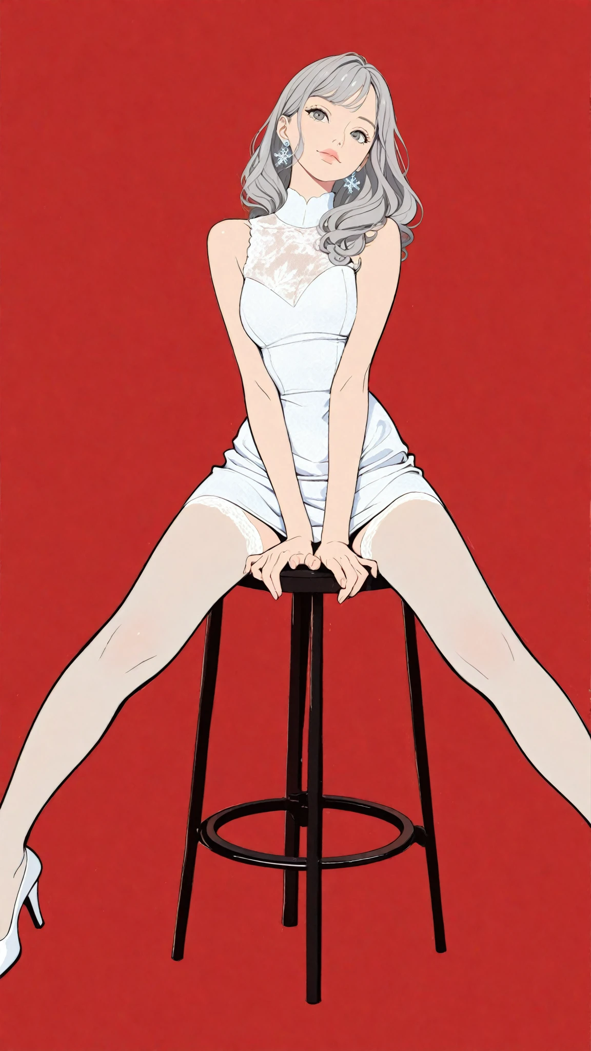 ((masterpiece)), ((top quality)), depth of field, high res, pops art style illustration, flat color illustration, vector trace illustration, not realistic, 2d shading, red and black theme, 1 female, 24 yo, mature, cowboy shot, beautiful, charming, elegant, no smile, sitting on a stool, feminine gestures, perfectly detailed eyes, perfectly detailed face, perfect face, silver hair, bob hair, fluttering soft wavy hair, shiny gray eyes, thin lips, bare shoulders, (balanced hands and fingers), (beautiful hands and fingers shape), slim waist, wearing a chiffon dress over a white bodysuit, lace embroidered dress, snowflake earrings, white sheer stockings, pearl white heeled pumps, vivid red background, simple background