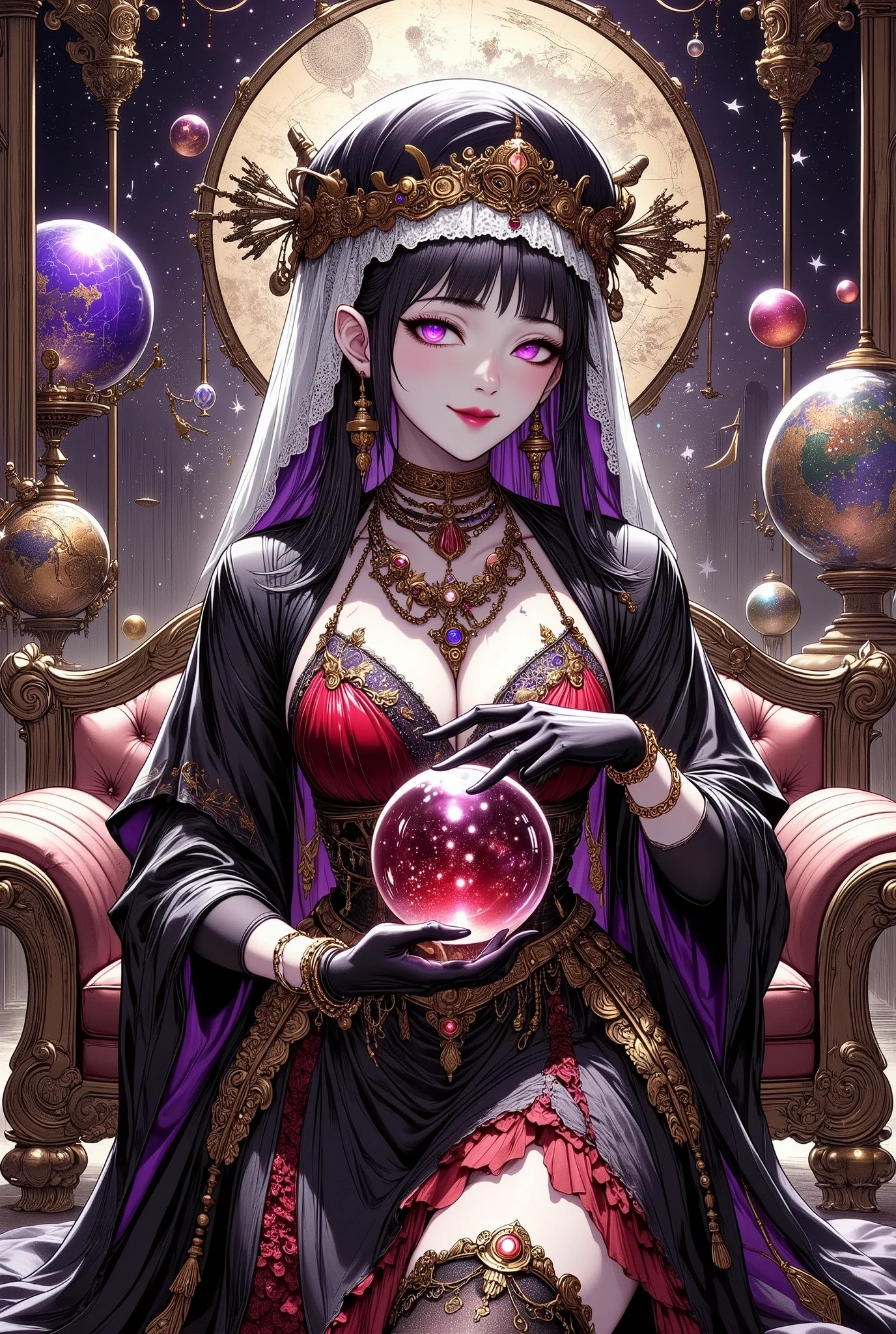 (Ultra-detailed face, Looking away, Fantasy Illustration with Gothic. Dark tone colors.), BREAK 
(A medieval, Scandinavian-style world where magic meets analog machines. A young human female astrologer rises from a Victorian sofa in the hall of a fortune-telling house with a huge celestial globe, holds a large crystal ball in her right hand above her head in a bold pose and graceful movement, and gazes into the crystal.), BREAK 
(She has jet-black hair and eyebrows, round ears, blunt bangs, waist-length wavy messy hair, lavender eyes, small pink lips, translucent white skin, and dark, thick eyeliner.), BREAK 
(Gypsy look. She wears a white lace veil and a white lace face veil. She wears a necklace of fan-shaped iridescent beads. She wears a deep red lace choli and a petal skirt of black fabric with red roses. She wears silver stockings and red Sabrina shoes.)