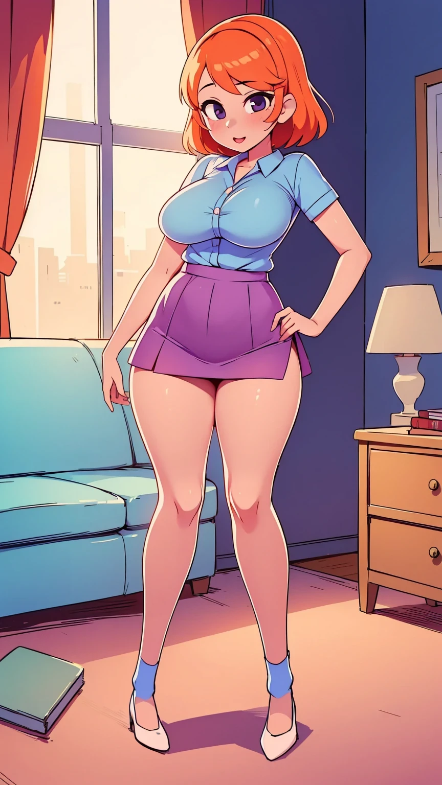  a teenage girl sexy attractive beautiful cool popular short orange hair disheveled cut light red lip wears long light blue button shirt sensual curves and a short purple miniskirt pair short blue socks legs white heel she walking living room class, huge breasts, lifting skirt, tall, lifting skirt