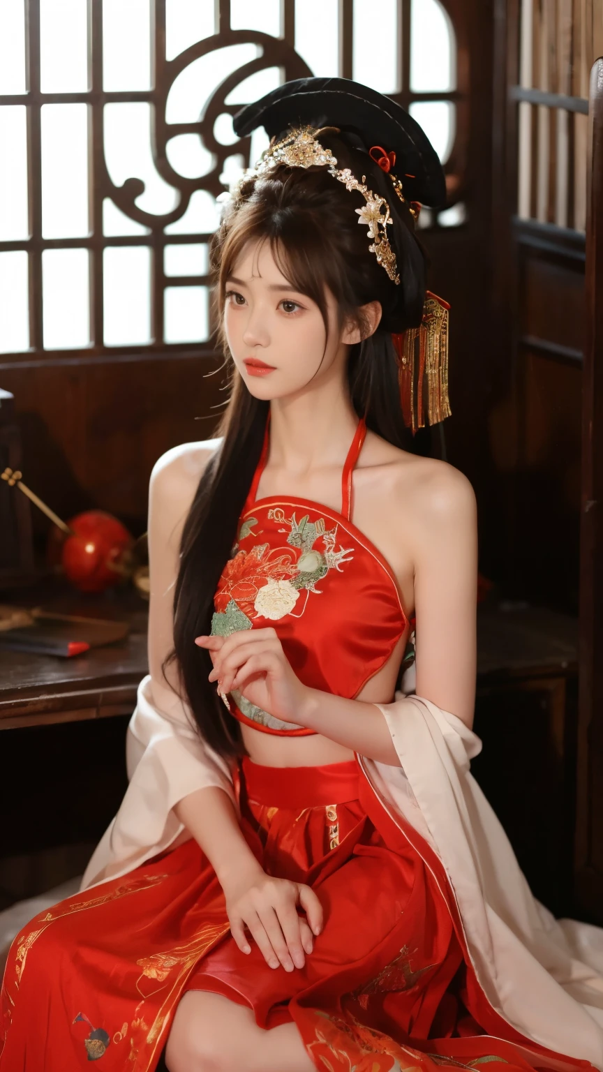  1 girl, skirt, Hair accessories, red skirt,  unique ,  Chinese Clothes ,  long hair, Sitting, Bare shoulders, window,   brown hair, OK, indoors, Black Hair,
 looking at the audience 
 