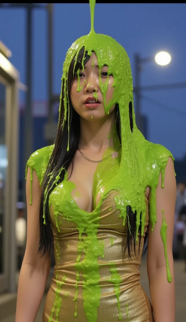 8k, HD, masterpiece, hyper realistic, super detailed, extreme realism, photo realistic, (Chinese model: 1.5), Asian woman, round eyewear, button down shirt and skirt, school uniform, (inside game show set: 1.9), game show studio, cleavage, (wet green mud dripping down head: 1.1), beautiful face, delicate eyes, detailed face, long eyelashes, pigtails