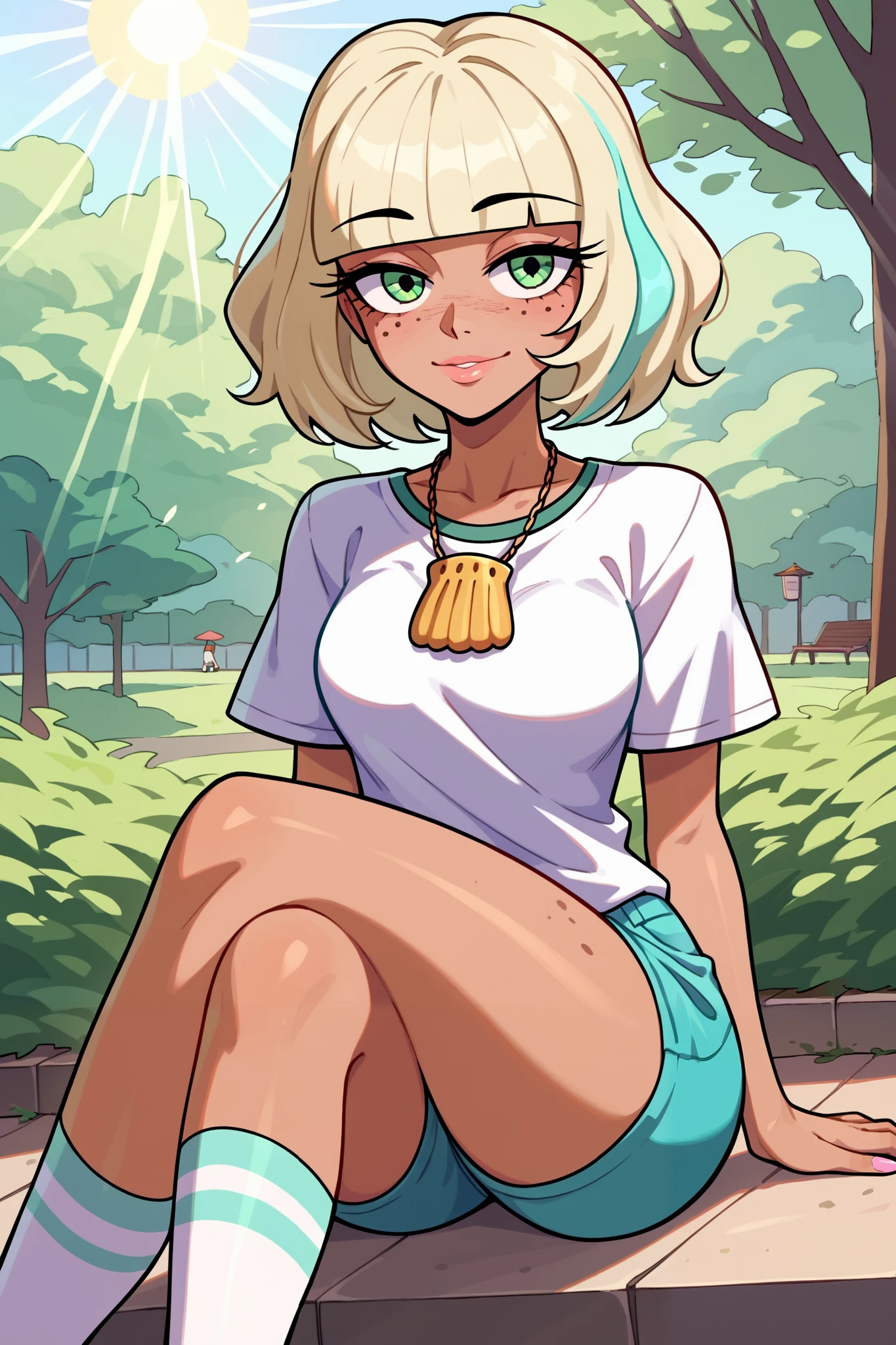 ((jackie lynn thomas)), ((masterpiece)), ((cartoon style)), {(attractive figure), (eccentuated curves), (tan skin), (body freckles), (short bleach-blonde hair), (green eyes), (half lidded eyes), (long eyelashes), (lush lips), (cute smile)}, {(white shirt), (turquoise shorts), (white striped socks), (yellow shell necklace)}, {(sitting), (looking at viewer)}, ((park)), ((sun rays))