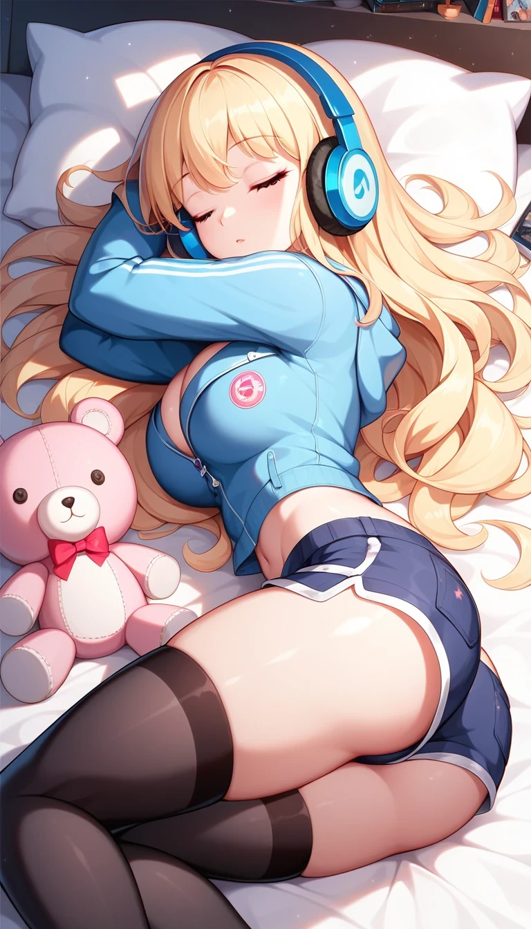 masterpiece, best quality, highly dramatic picture, beautiful eyes, cinematic lens effect, big beautifully shaped breasts , ultra cute, ultra sexy, ultra curvy, ultra bouncy, ((Supermodel)), ((Busty Bitches)), 1girl, ecchi girl, bedroom, sleeping, lying on bed, blonde hair, black pyjamas, headphones , (nicely accentuated ass), stuffed animals, night light, cute shorts , thigh highs,