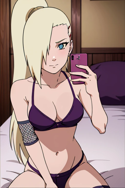 ((  better quality)), ((  masterpiece)), (( Detailed )), Perfect face, Yamanaka Ino, usando lingerie ajustada,  in the room , bed,  Do you take a selfie in the mirrorHigh resolution,  masterpiece, necessary, La  better quality,  textured skin , sexy, lingerie, brasier.