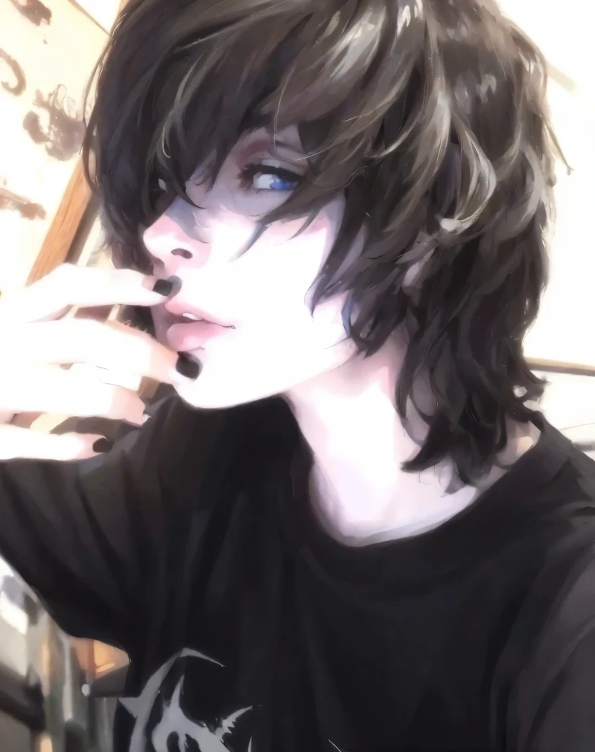 el es un chico emo, Tez blanca, delgado, gray blue eyes, Dark brown hair, short emo hairstyle and he is 1 year old.91 cm de altura, muy guapo, Polish and looks like the character Dominik Santorski from the movie Suicide Room.  , is taking a selfie. Hazlo con ropa emo negra.