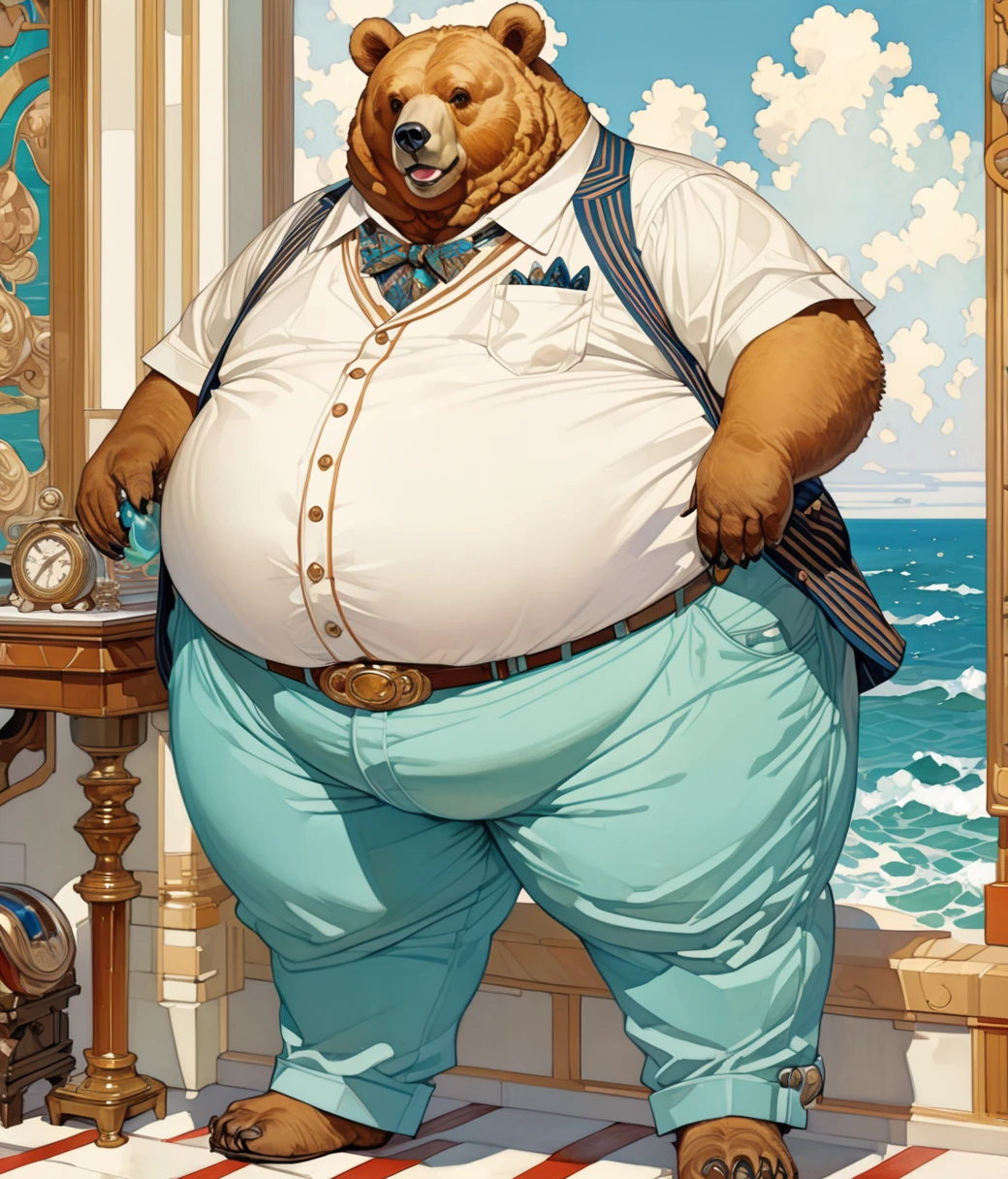 J.C. Leyendecker Style page, (cute, fat, obese, anthro, male, bear), full body, ((shirt, cyan pants)), It stands beautifully dressed in a modern way, and the sea surrounds it at the foot, hires textures, highly detailed, intricate details, best quality, masterpiece