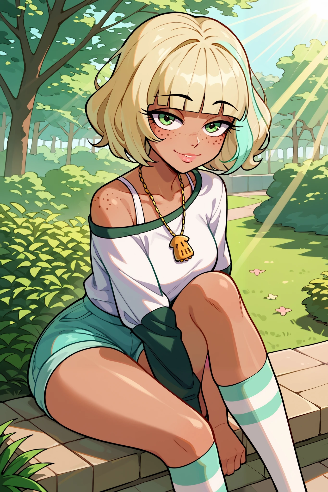 ((jackie lynn thomas)), ((masterpiece)), ((cartoon style)), {(attractive figure), (eccentuated curves), (tan skin), (body freckles), (short bleach-blonde hair), (green eyes), (half lidded eyes), (long eyelashes), (lush lips), (cute smile)}, {(white shirt), (long green sleeves), (turquoise shorts), (white striped socks), (yellow shell necklace)}, {(sitting), (looking at viewer)}, ((park)), ((sun rays))