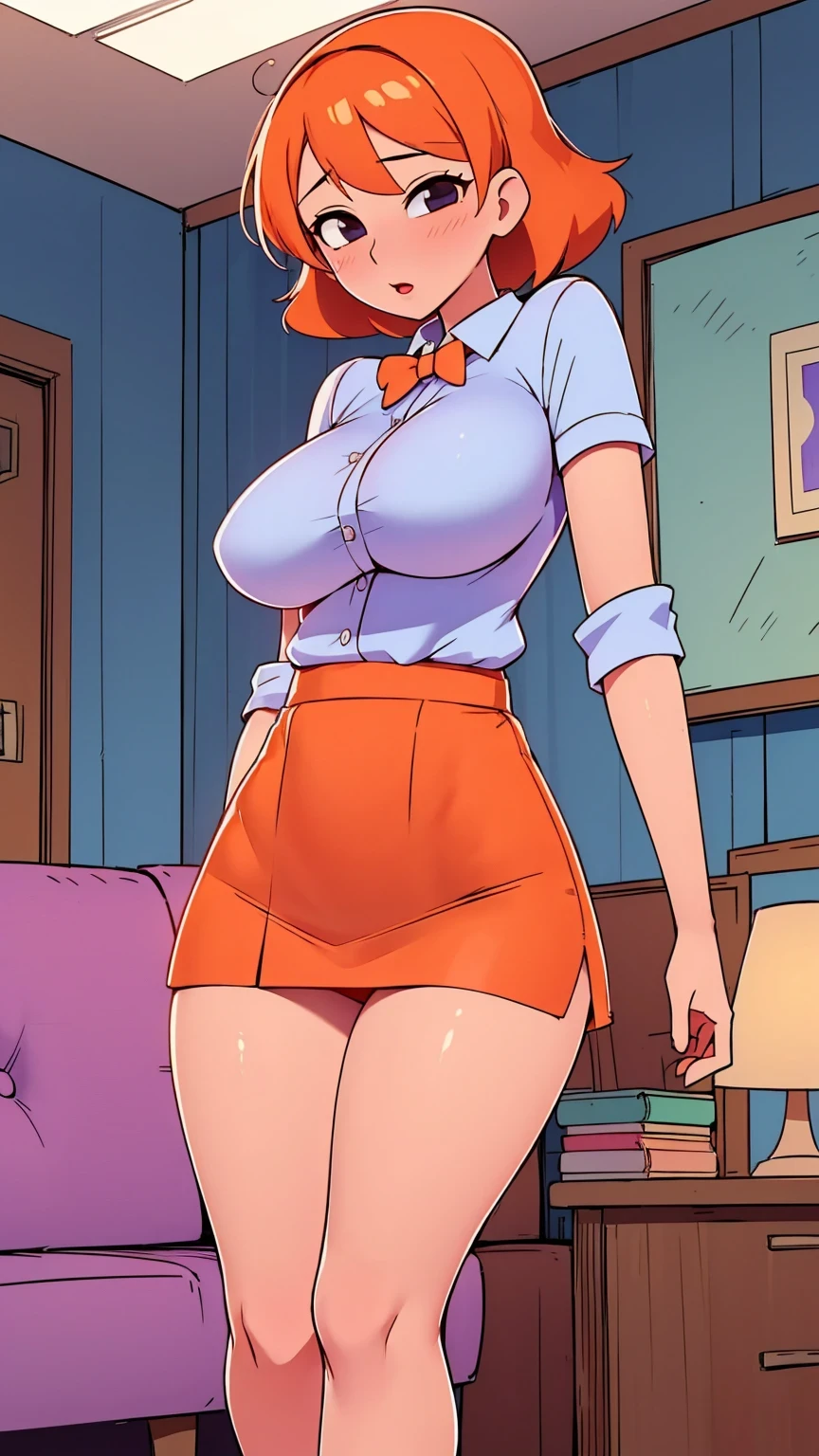  a  girl sexy attractive beautiful cool popular short orange hair disheveled cut light red lip wears long light blue button shirt sensual curves and a short purple miniskirt pair short blue socks legs white heel she walking living room class, huge breasts, lifting skirt, tall, lifting skirt