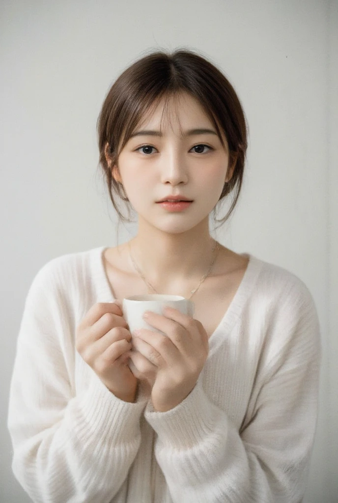 Woman smiling coldly while holding a mug with both hands, earrings, simple necklace