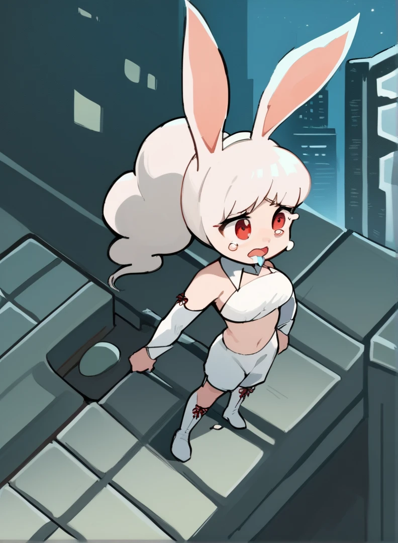 score_9, score_8_up, score_7_up,((best quality)), absurdres, ((full body)), ASYKWPXL, white crop top, white crop top, detached sleeves, white sleeves, bare shoulders, red eyes, white animal ears, ponytail, boots, vanilla white hair, white shorts, midriff, snow white skin, rabbit ears, light-skinned female, night, city, building roof, slim, rabbit girl, standing, snow white bunny ears, pale skin, light blue tongue, open mouth, futuristic city, looking above, crying, high quality, sad, masterpiece, breasts, lconcerned, tears, thicc, torn clothes, defeated, perky breasts, weak, belly button, tight clothes