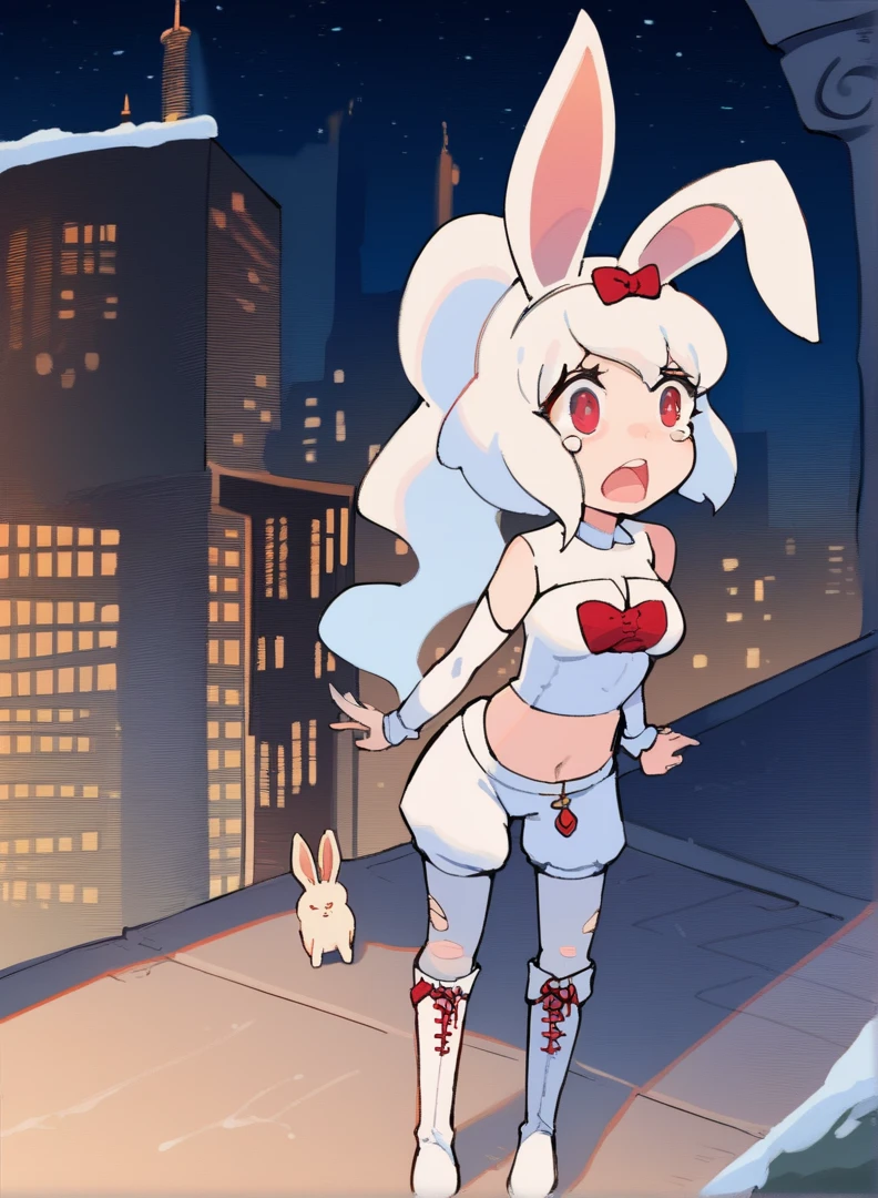 score_9, score_8_up, score_7_up,((best quality)), absurdres, ((full body)), ASYKWPXL, white crop top, white crop top, detached sleeves, white sleeves, bare shoulders, red eyes, white animal ears, ponytail, boots, vanilla white hair, white shorts, midriff, snow white skin, rabbit ears, light-skinned female, night, city, building roof, slim, rabbit girl, standing, snow white bunny ears, pale skin, light blue tongue, open mouth, futuristic city, looking above, crying, high quality, sad, masterpiece, breasts, lconcerned, tears, thicc, torn clothes, defeated, perky breasts, weak, belly button, tight clothes