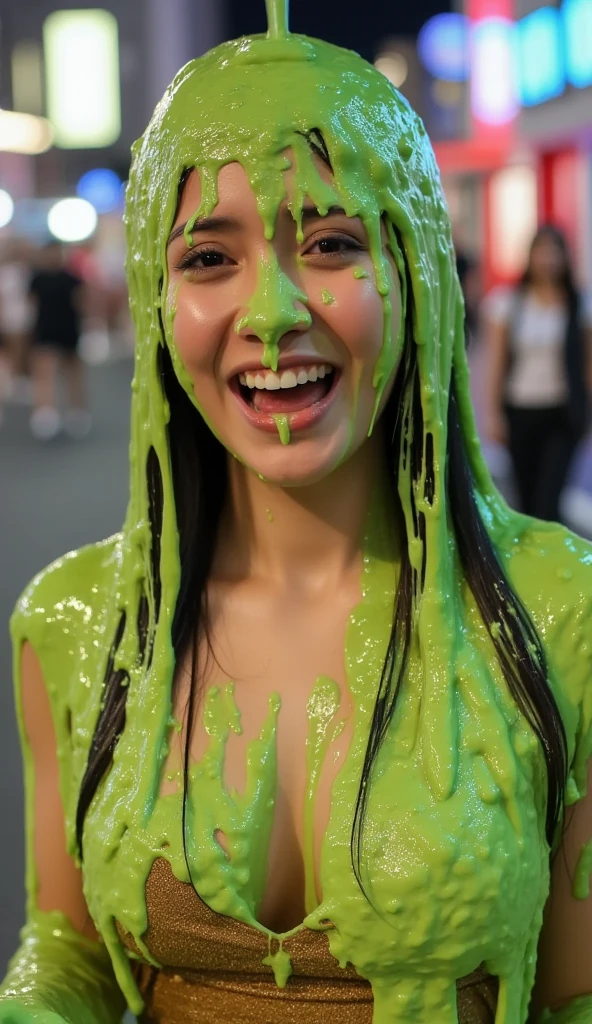 Amateur photograph. Korean teen covered in green water. Photorealistic. Wet liquid. Nasty slime. Raw photo. Wearing strapless gold dress. Cleavage. outside Tokyo. Nighttime. Bokeh. Green Slime. Dripping green goo. 18 years old. Wet green liquid. Snap and shoot photograph. Slight over exposure. Flash photography. Korean girl. (Korean girl: 1.1). Black hair.