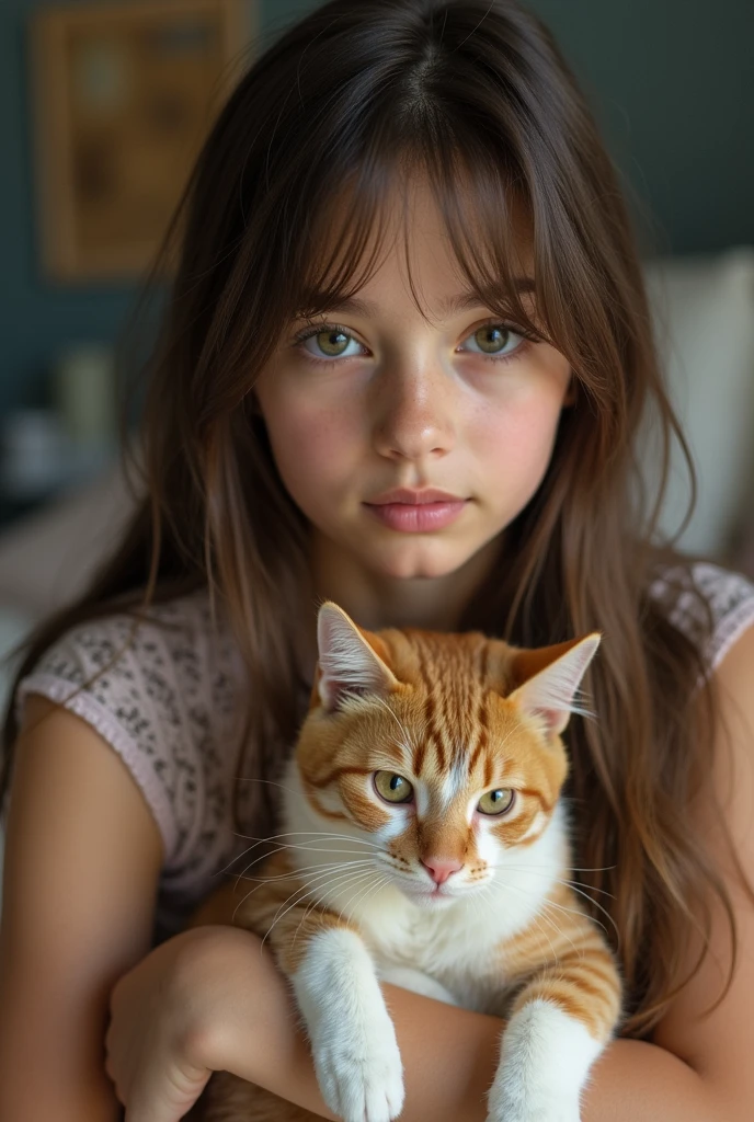 a young girl at age of 10 with red Wool curls long hair holding an orange cat, studio portrait, studio light, pure dark brown background