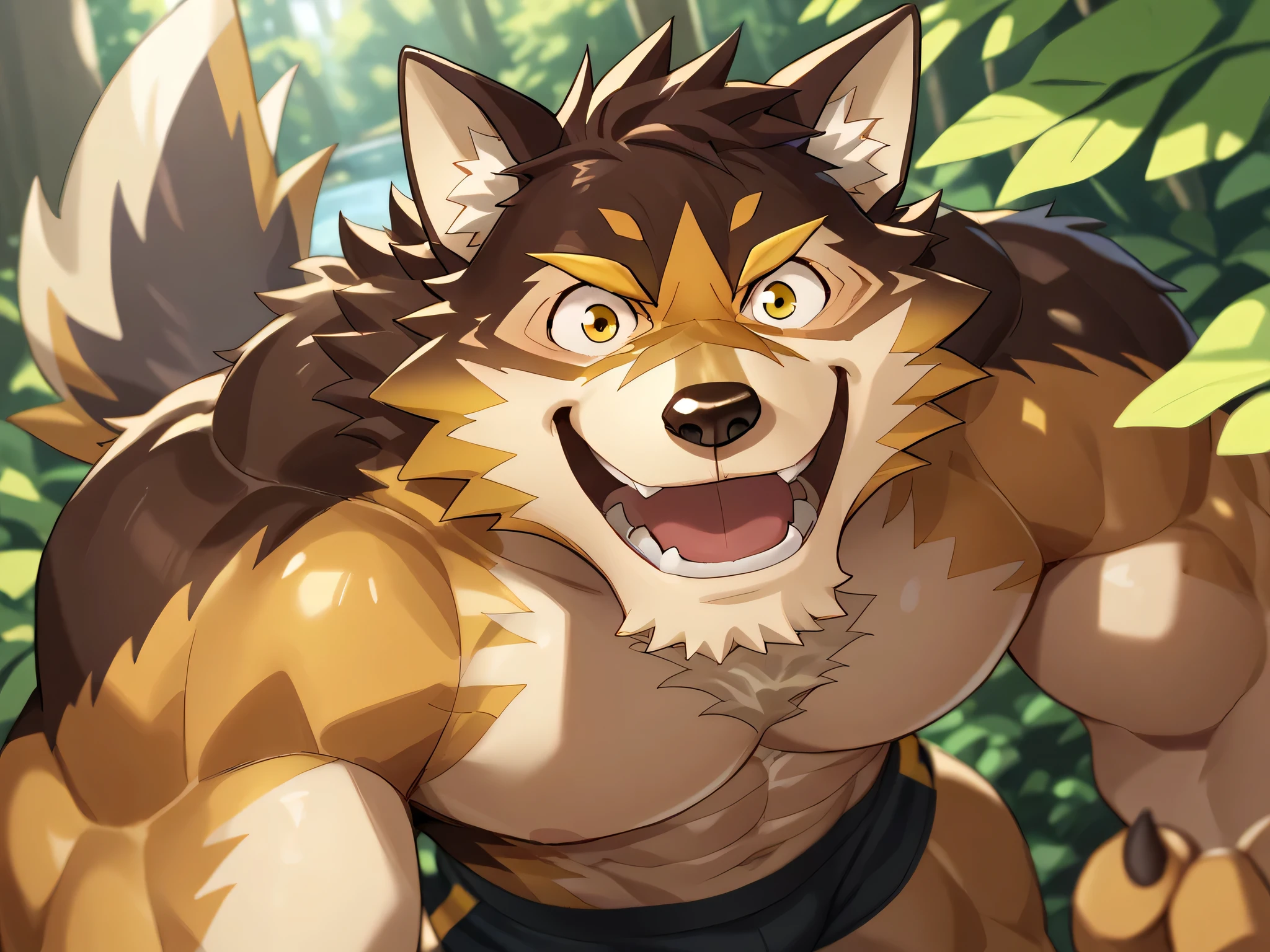 score_9, score_8_above, score_7_above, De alta calidad, hires, Alone, live like a hero, hairy, dog boy , muscular male , black underwear yellow eyes, Wiggle tail , happy, Rainforest,