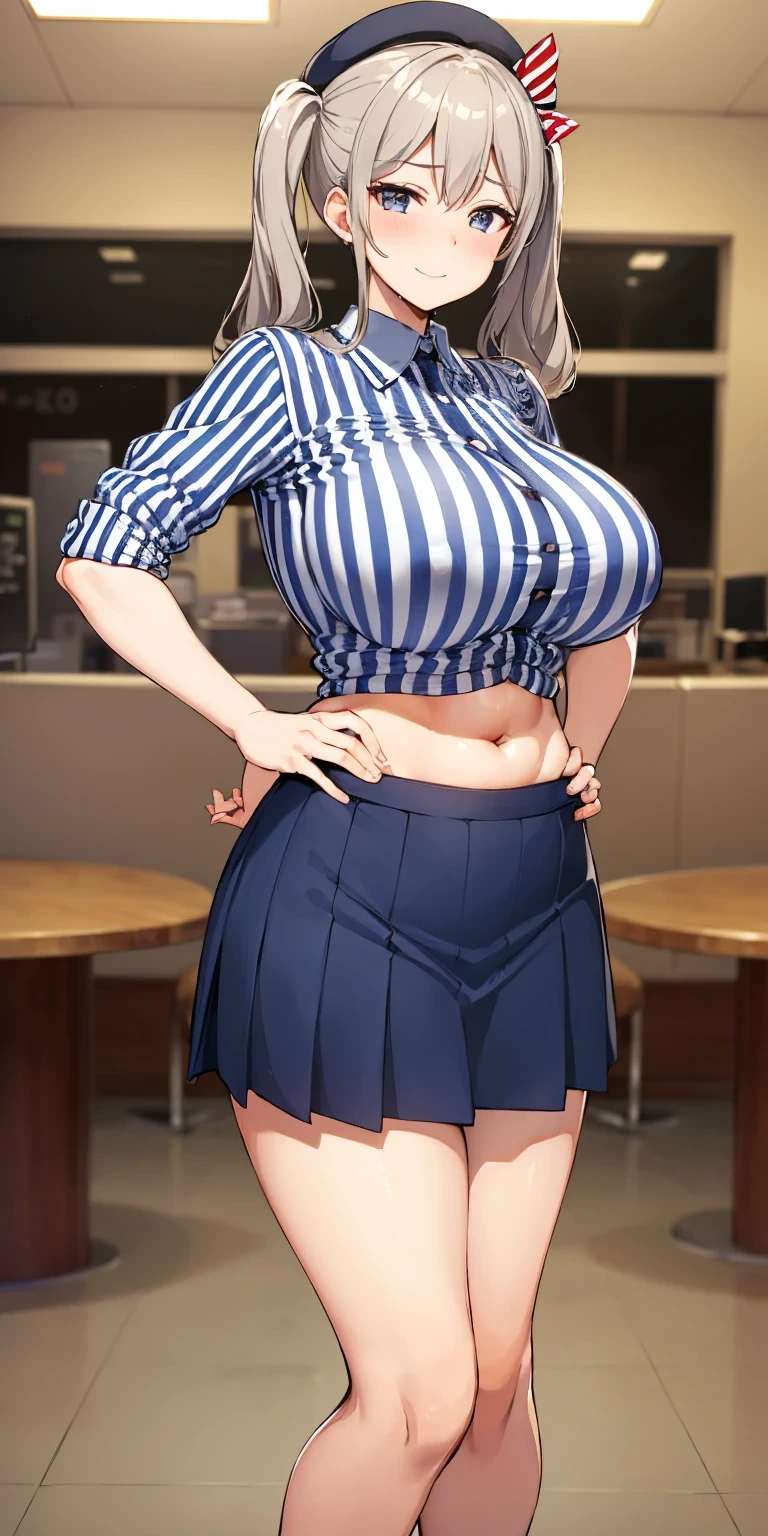 (masterpiece, Highest quality:1.2), alone, 1 girl, Kashima Lawson, smile, Looking at the audience, Hands on hips, Twin tails, beret, employee uniform, (Striped shirt), skirt,indoor, convenience store,(Huge round breasts:1.4),(Firm stomach),(athlete&#39;s chest),An athletic body,(Black bra),Firm stomach,Excited,Sweat,Troubled face,Showing off your bra,Accentuate your breasts,Open shirt,From below