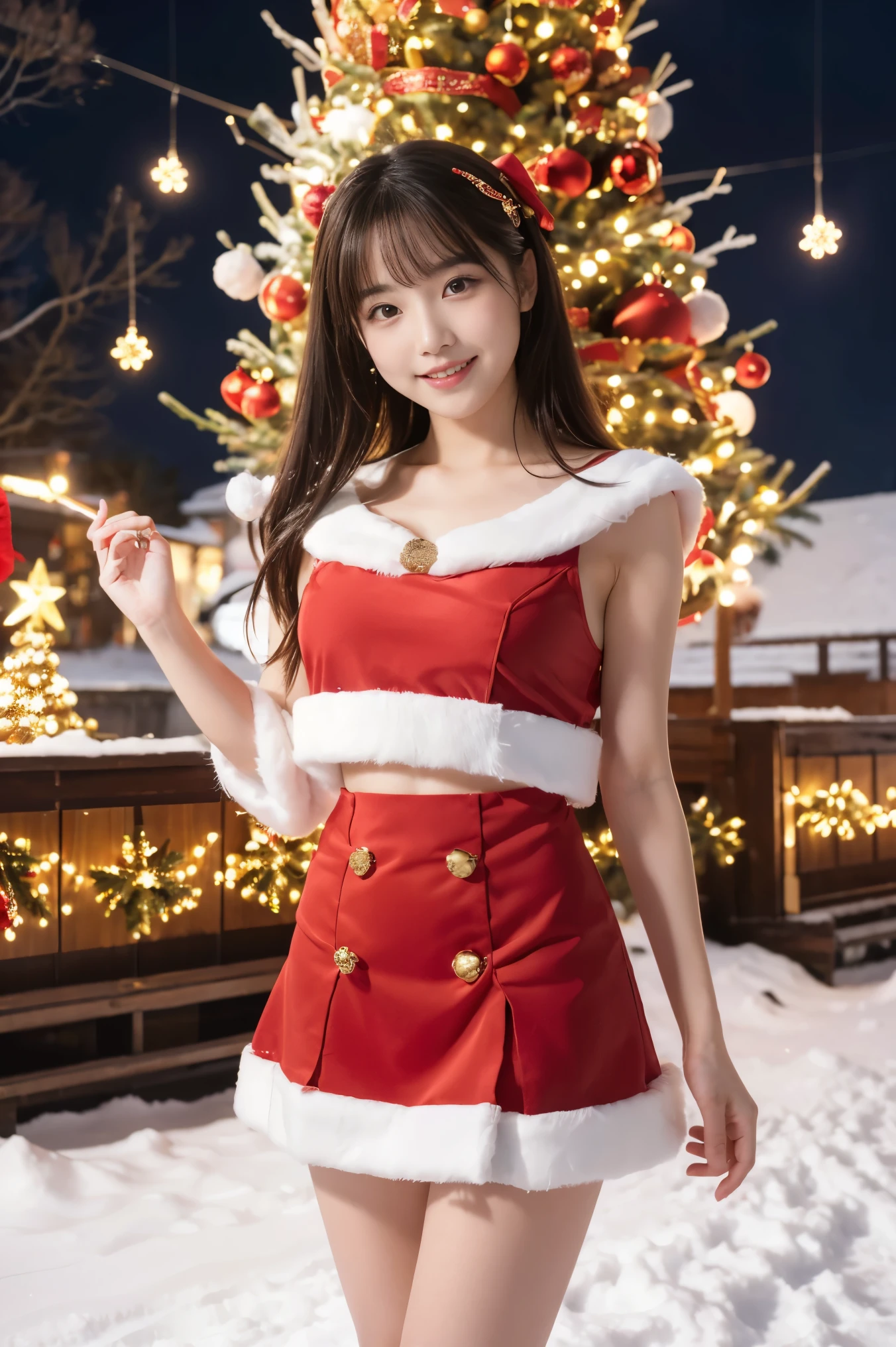 1girl, (santa claus costume:1.5), symmetry, beautiful cute young girl, slender figure, (ultra short hair:1.5), ultra big smile, (Beautiful large round droped detailed eyes:1.0), beautiful detailed lips, extremely detailed face, natural makeup, Incredibly beautiful skin, (best quality,4k,8k,highres,masterpiece:1.75),(ultra-detailed,realistic,photorealistic,photo-realistic:2.0),professional,vivid colors,studio lighting,snowing night town,christmas eve