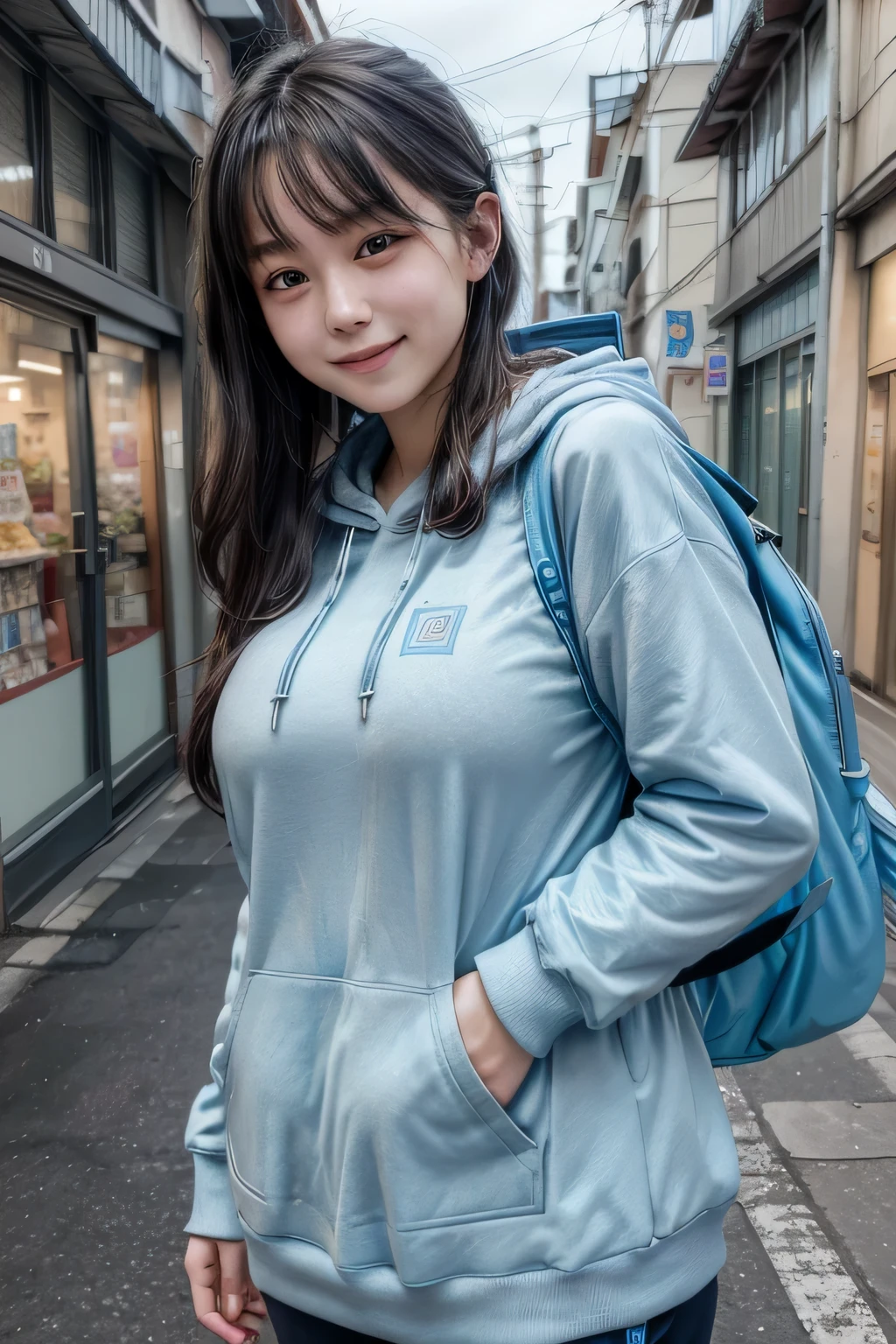 Masterpiece, Best Quality, 8K, Detailed Skin Texture, Detailed Cloth Texture, Beautiful Detail Face, Intricate Detail, Ultra Detailed, Portrait,Japanese girl、Harajuku style clothes、Oversized hoodie、cargo pants、Neon coloured clothing、full body shot
