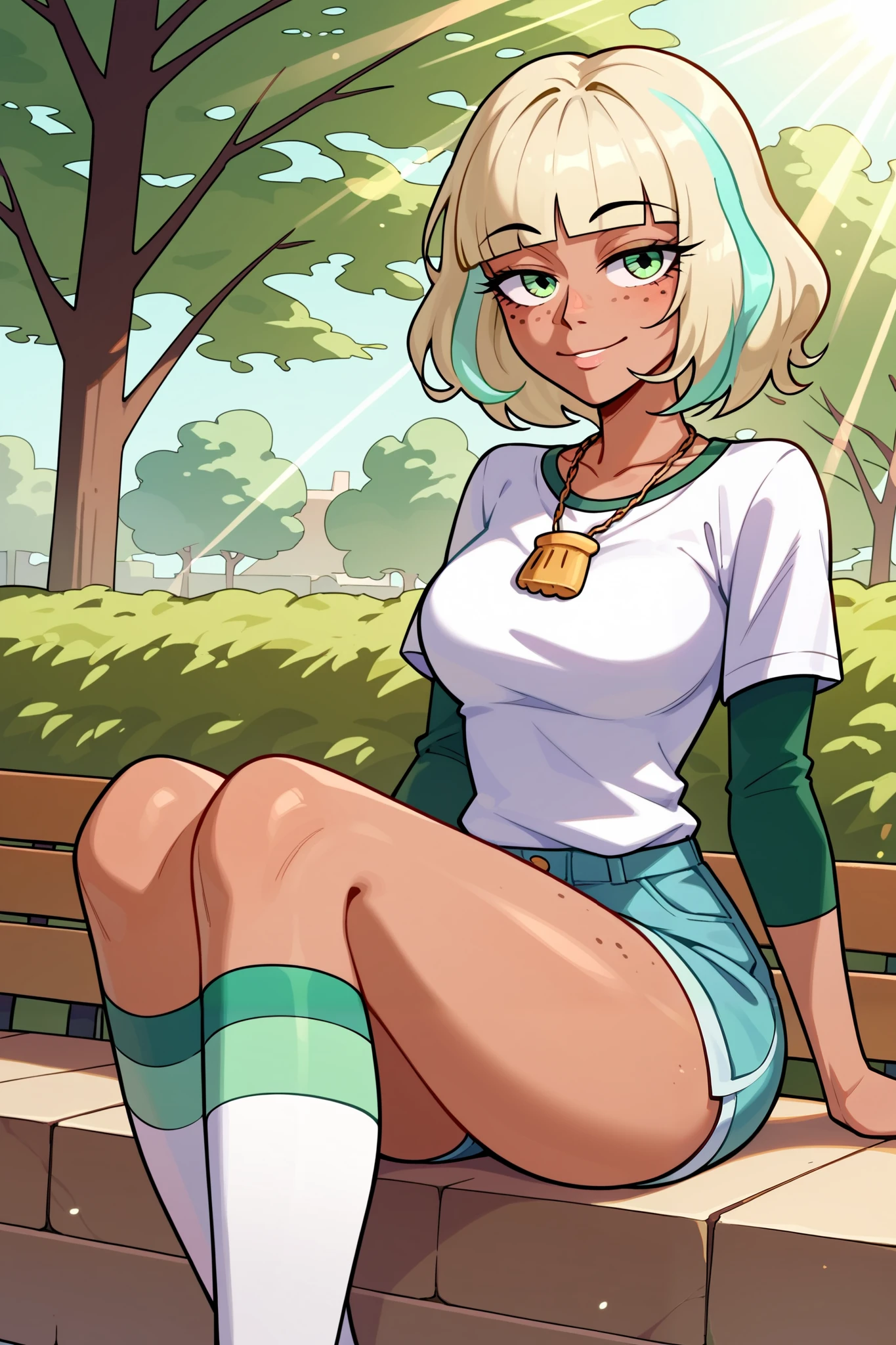 ((jackie lynn thomas)), ((masterpiece)), ((cartoon style)), {(attractive figure), (eccentuated curves), (tan skin), (body freckles), (short bleach-blonde hair), (green eyes), (half lidded eyes), (long eyelashes), (cute smile)}, {(white shirt), (long green sleeves), (turquoise shorts), (white striped socks), (yellow shell necklace)}, {(sitting), (looking at viewer)}, ((park)), ((sun rays))