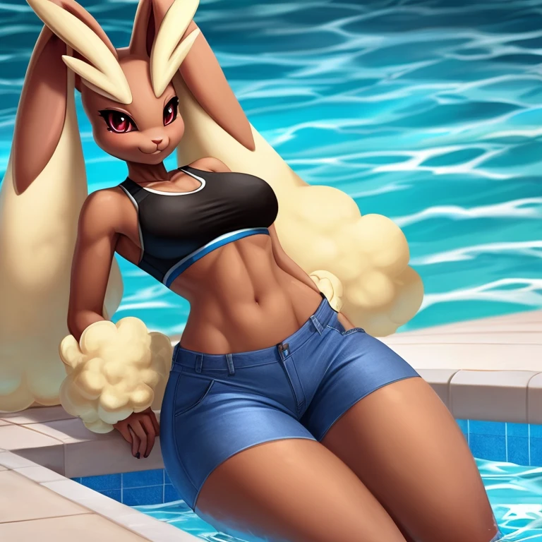 [pokemon; lopunny], [Uploaded to e621.net; (Foxovh), (Pixelsketcher), (mayosplash)], ((masterpiece)), ((solo portrait)), ((full body)), ((back view)), ((furry; anthro rabbit)), ((detailed fur)), ((raytracing)), ((detailed shading)), ((beautiful 3D art)), {(anthro pokemon; lopunny, brown fur, long floppy bunny ears), (puckered lips), curvaceous hips, (black sports bra, black yoga shorts), (sexy ass), (defined leg muscles), (beautiful feet), (black claws), (camel toe)}, {(on beach towel), (on knees), (all fours), (looking back), (dynamic pose), [background; (beach; sun rays, beautiful glistening ocean)]