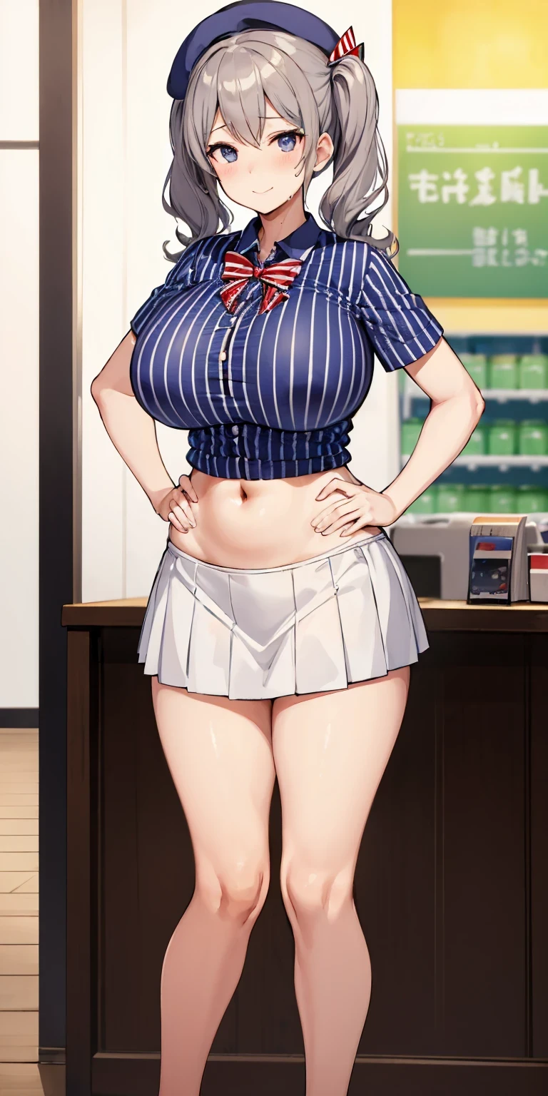 (masterpiece, Highest quality:1.2), alone, 1 girl, Kashima Lawson, smile, Looking at the audience, Hands on hips, Twin tails, beret, employee uniform, (Striped shirt), skirt,indoor, convenience store,(Huge round breasts:1.4),(Firm stomach),(athlete&#39;s chest),An athletic body,(Black bra),Firm stomach,Excited,Sweat,Troubled face,Showing off your bra,Accentuate your breasts,Open shirt,From below