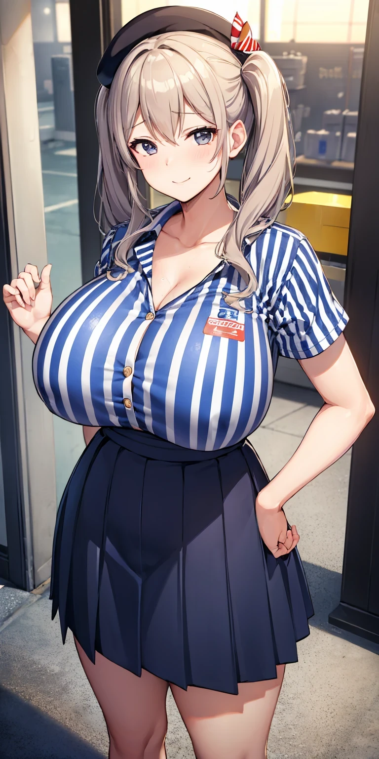 (masterpiece, Highest quality:1.2), alone, 1 girl, Kashima Lawson, smile, Looking at the audience, Hands on hips, Twin tails, beret, employee uniform, (Striped shirt), skirt,indoor, convenience store,(Huge round breasts:1.4),(Firm stomach),(athlete&#39;s chest),An athletic body,(Black bra),Firm stomach,Excited,Sweat,Troubled face,Showing off your bra,Accentuate your breasts,Open shirt,From below