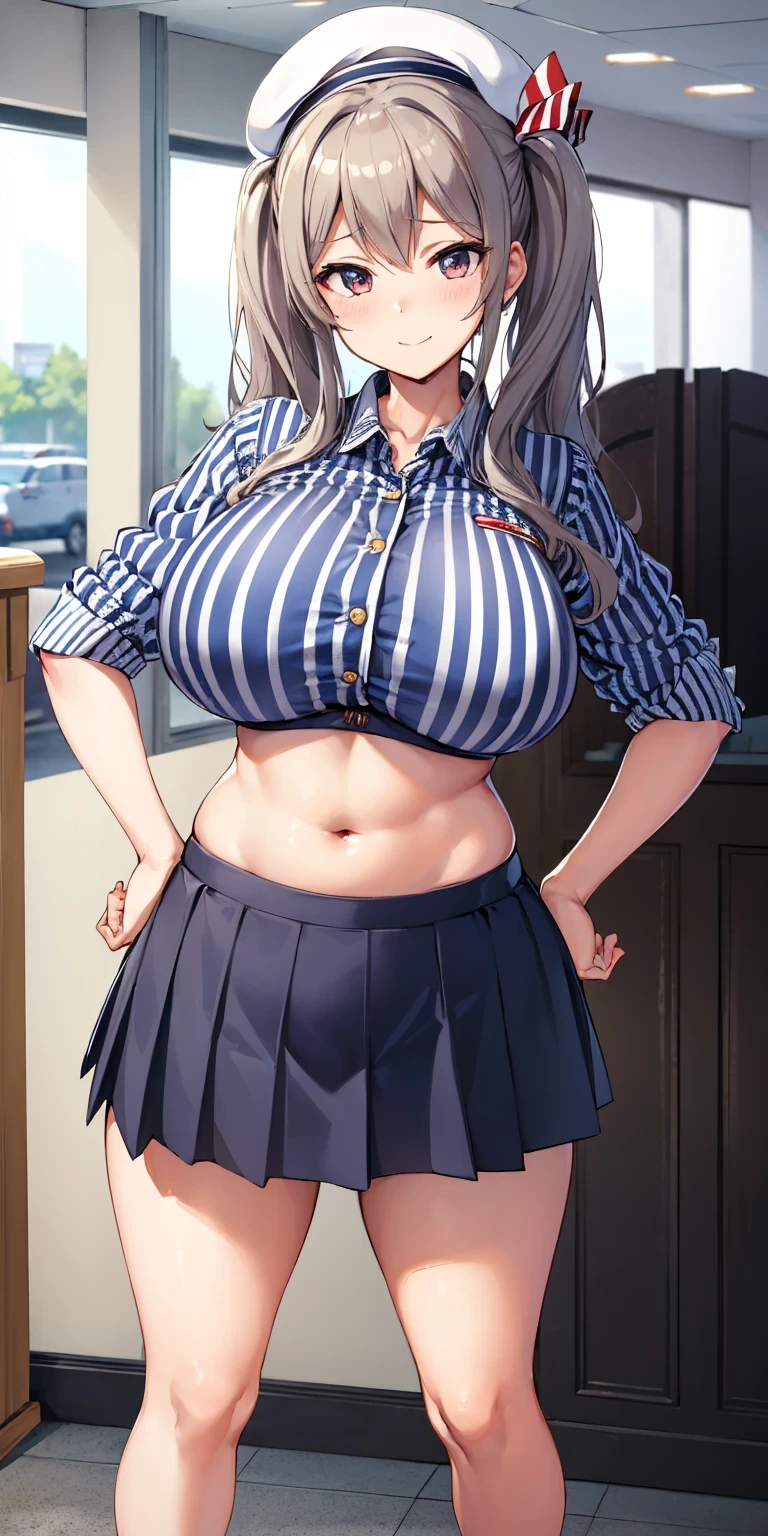 (masterpiece, Highest quality:1.2), alone, 1 girl, Kashima Lawson, smile, Looking at the audience, Hands on hips, Twin tails, beret, employee uniform, (Striped shirt), skirt,indoor, convenience store,(Huge round breasts:1.4),(Firm stomach),(athlete&#39;s chest),An athletic body,(Black bra),Firm stomach,Excited,Sweat,Troubled face,Showing off your bra,Accentuate your breasts,Open shirt,From below