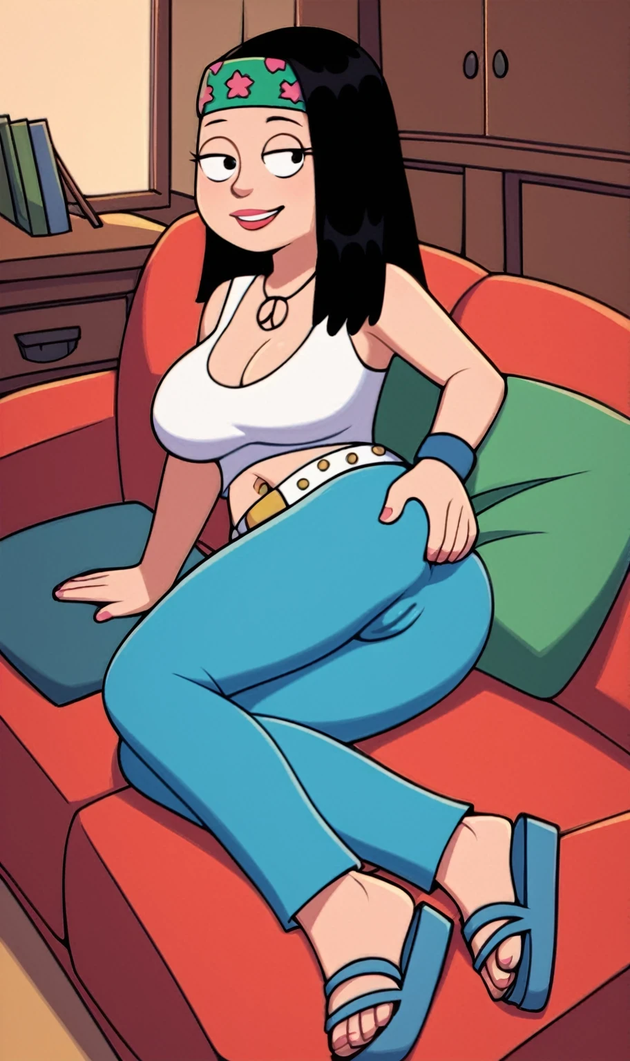 score_9_up,score_8_up,score_6,score_5,score_4, hayley, 1girl, black hair, long hair, solo, necklace, jewelry, tank top, headband, midriff, pants, sandals, belt, navel piercing, smile, full body, toon \(style\), sitting on sofa, living room, sexy, spread legs, cameltoe, wet skin, ass, ass focus, spread ass, ass zoom in, back view, HUGE BREASTS