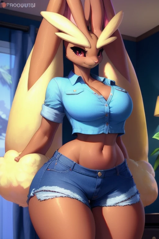 uploaded on e621, explicit content, 3d:0.7, cutesexyrobutts, hioshiru, female, solo, lopunny, short round fluffy tail, bedroom setting, (fitted denim crop button-up with rolled sleeves, Jean shorts), (large breasts, natural breasts, breast sag:0.8), thick thighs, wide hips, three-quarter portrait, closeup
