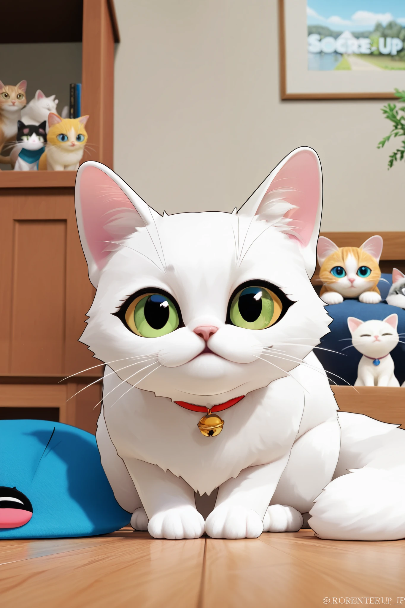 , the picture style is 「3D Rendering」Felt Art, one white cat ,two kittens ,Art Toys,Proportion「2:3」