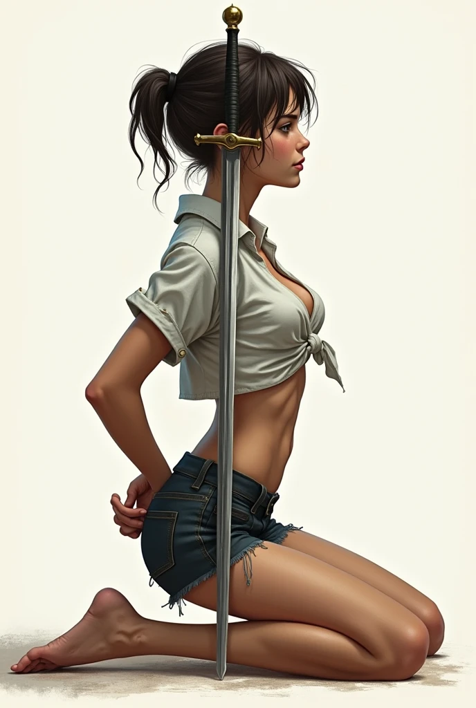 (((slingshot swimsuit ))),(gigantic cleavage breasts:1.5),(nakeness),(Solo),(White background),Long black hair,Black colored eyes,Stand up,The right hand crosses the waist,,Super-heeled sandals,grin