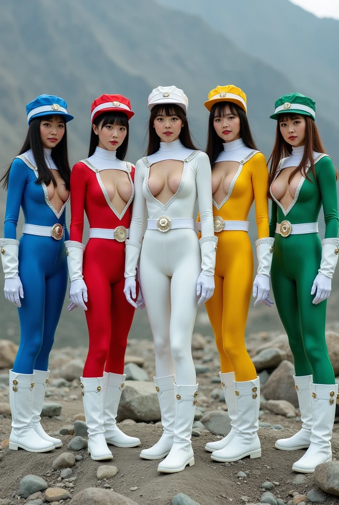 A brave and courageous image of a six-member ranger team, Each one is decorated in vibrant colors.、:: Neon Pink, Sunset Orange, Fire engine red, Plasma Violet, Fluorescent Green, Shocking Yellow. Dynamic poses with backgrounds that exude energy and courage, Embodying the essence of the classic Sentai superhero team. Each Ranger:: The clothes are sophisticated and modern, Each color has elements that reflect its theme., Ready for action. ((Camel Toe))