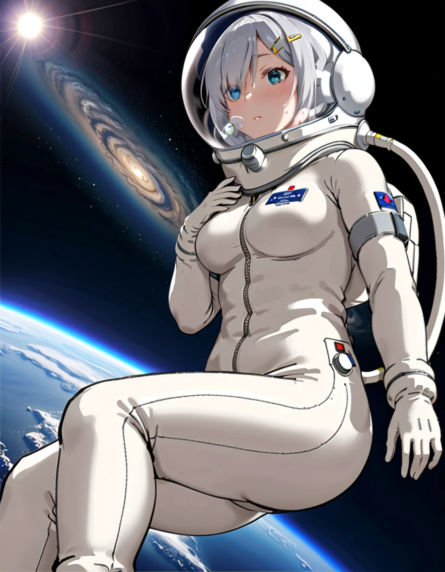 (spacesuit:1.15), white cargo pants, astronaut)bubble helmet, space helmet, white gloves, sweat, blushing, difficulty breathing, trembling, hand on breast, looking at the audience, outer space, floating, alone, masterpiece, best quality, 1girl, beautiful, image from below, solo, , hamakazekc, grey hair, hairpin, short hair, bangs, hair over one eye, blue eyes