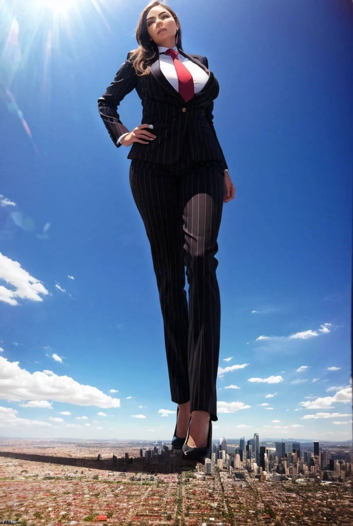 Looking up at the approaching young giantess, Giantess art, 500 miles tall giga giantess, young sophisticated and stylish goth woman in a black italian pinstriped trouser suit, form fitting crisp black office shirt, and a large wide black necktie in a windsor knot, with a beautiful, curvaceous figure, large natural breasts, and long wavey blonde hair, with a curvaceous figure and massive breasts. wearing blue rounded court high heels with uncovered feet and standing, rampage-like pose, with a city skyscrapers background of mega-city, skyscapers, partially obscured by a hazy, cloudy atmosphere. The image is a high-resolution, masterpiece-quality, cinematic, ultra-detailed, and hyper-photorealistic photograph, with perfect hands, face, and lighting. ultra-detailed, 8K, photo-realistic, hyper-realistic, masterpiece, intricate details, full body view. Looking at camera, The image is a high-resolution, masterpiece-quality, cinematic, ultra-detailed, and hyper-photorealistic photograph, with perfect hands, face, and lighting. ultra-detailed, 8K, photo-realistic, hyper-realistic, masterpiece, intricate details,