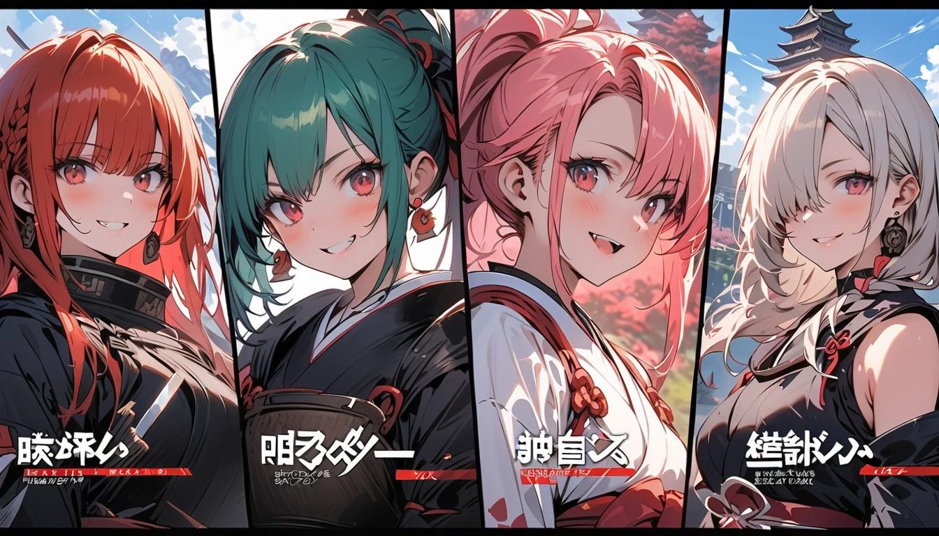Screenshot of Kimetsu no Yaiba A girl with blue hair. green and very bright eyes. Formed body. She wears a hunter uniform with a skirt and a large blood-red kimono.