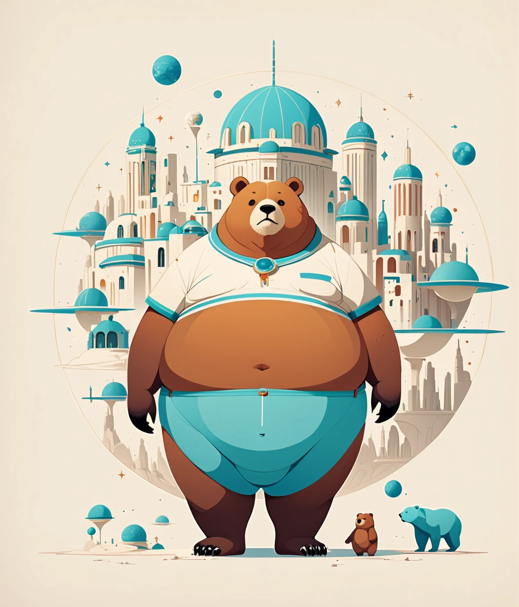 Olly Moss Style page, (cute, fat, obese, anthro, male, bear), full body, ((cyan briefs)), minimalism, Dome city on white desert planet, hires textures, highly detailed, intricate details, best quality, masterpiece