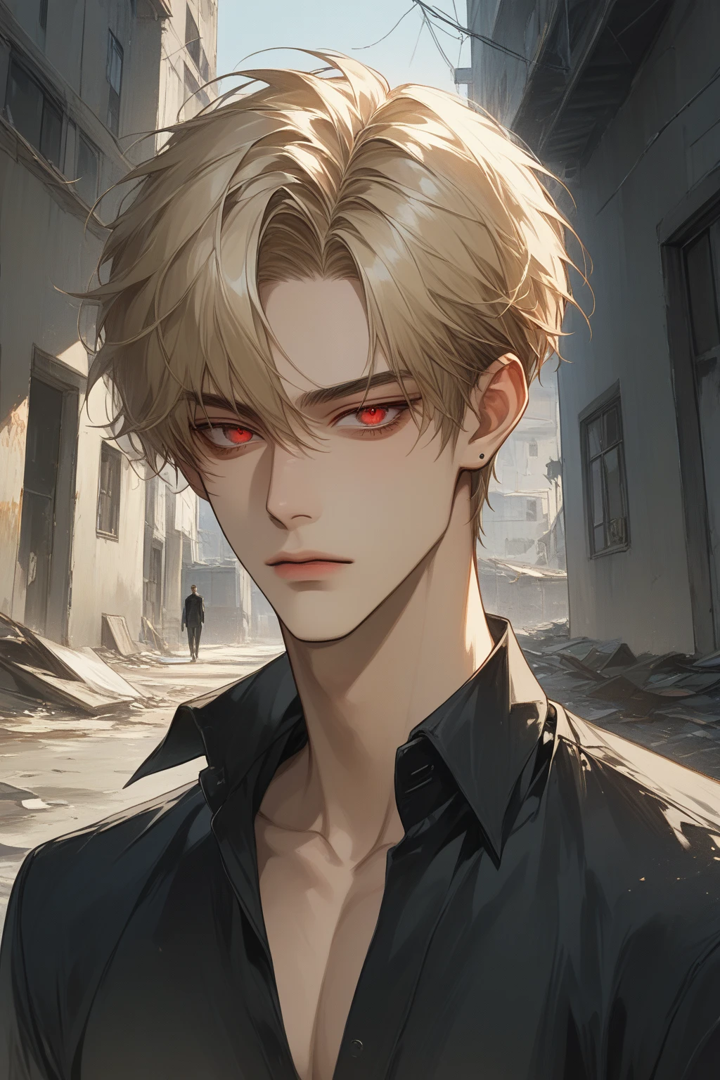 (score_9, score_8_up), short hair, masterpiece, best quality, 1 man , blonde hair , perfect face , red eye , handsome male , Alone, adult male , delicate line drawingimpasto, masterpiece, high resolution, Top quality, unique , 1 male , nice , tanned skin , blonde haired, black shirts, an abandoned building