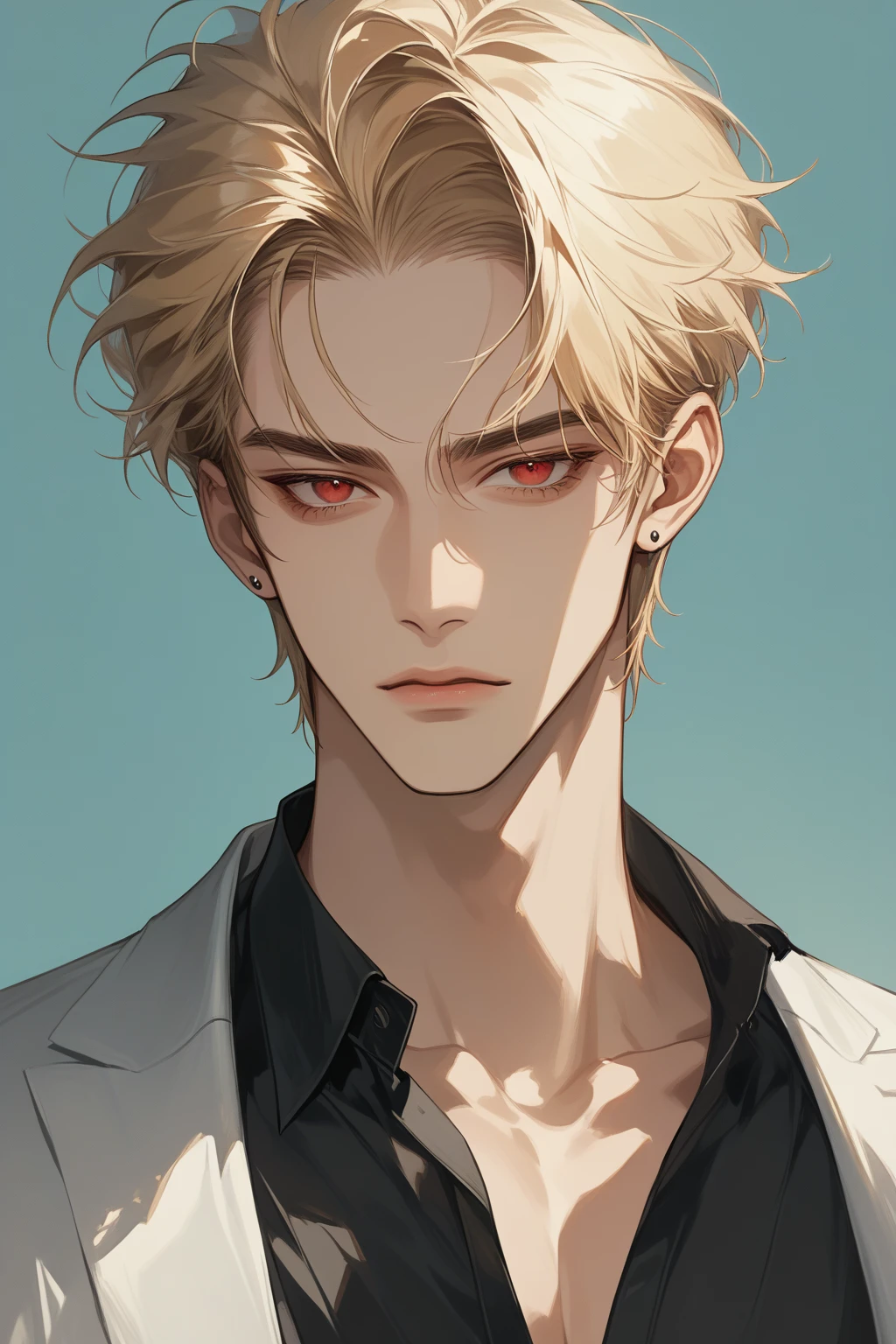 (score_9, score_8_up), short hair, masterpiece, best quality, 1 man , blonde hair , perfect face , red eye , handsome male , Alone, adult male , delicate line drawingimpasto, masterpiece, high resolution, Top quality, unique , 1 male , nice , tanned skin , blonde haired, black shirts, 