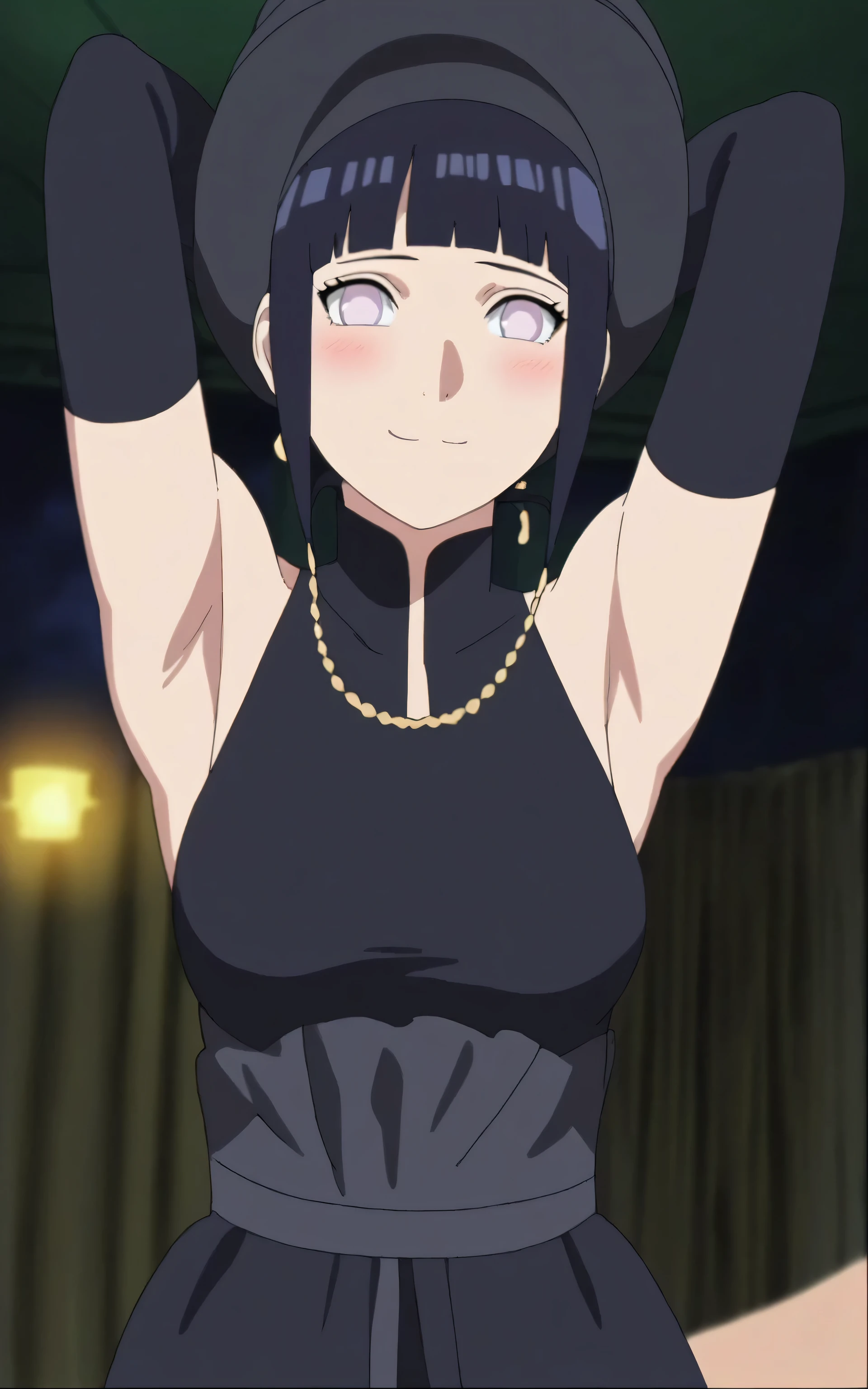 score_9, score_8_up, score_7_up, source_anime, anime screencap, 1girl, solo, hinata_the2, 1gilr, black hair, jewelry,bangs,black dress, (black elbow gloves:1.2), bangs, arms behind head, armpits, looking at viewer, head towards viewer, smile, closed mouth, badhandv4, indoors, night, bare shoulders, bare arms, blush, medium breasts, black headwear 
