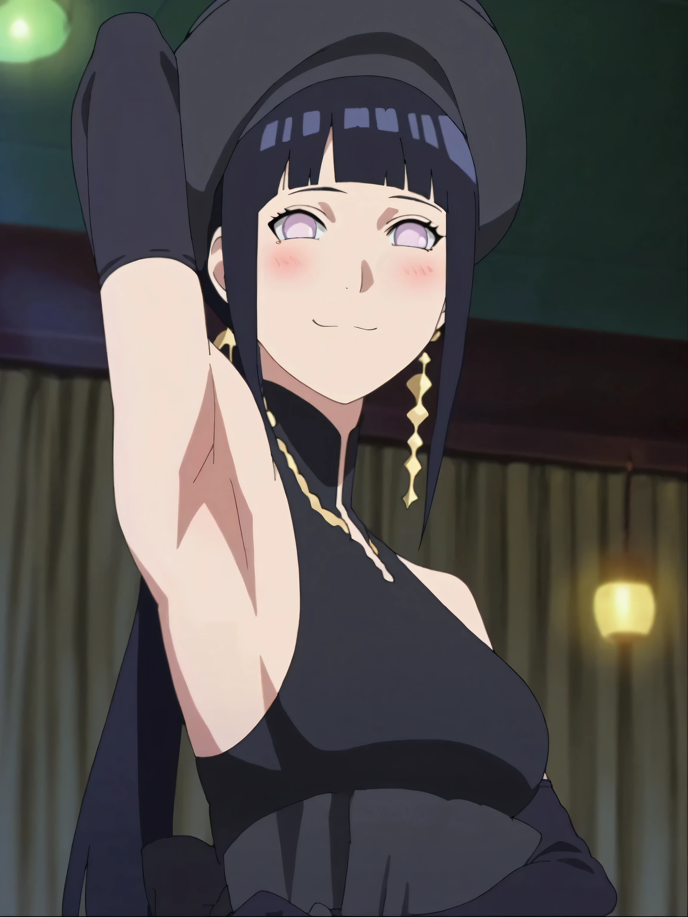 score_9, score_8_up, score_7_up, source_anime, anime screencap, 1girl, solo, hinata_the2, 1gilr, black hair, jewelry,bangs,black dress, (black elbow gloves:1.2), bangs, arm behind head, armpit, looking at viewer, head towards viewer, smile, closed mouth, badhandv4, indoors, night, bare shoulders, bare arms, blush, medium breasts, black headwear, from side, from below, closed mouth