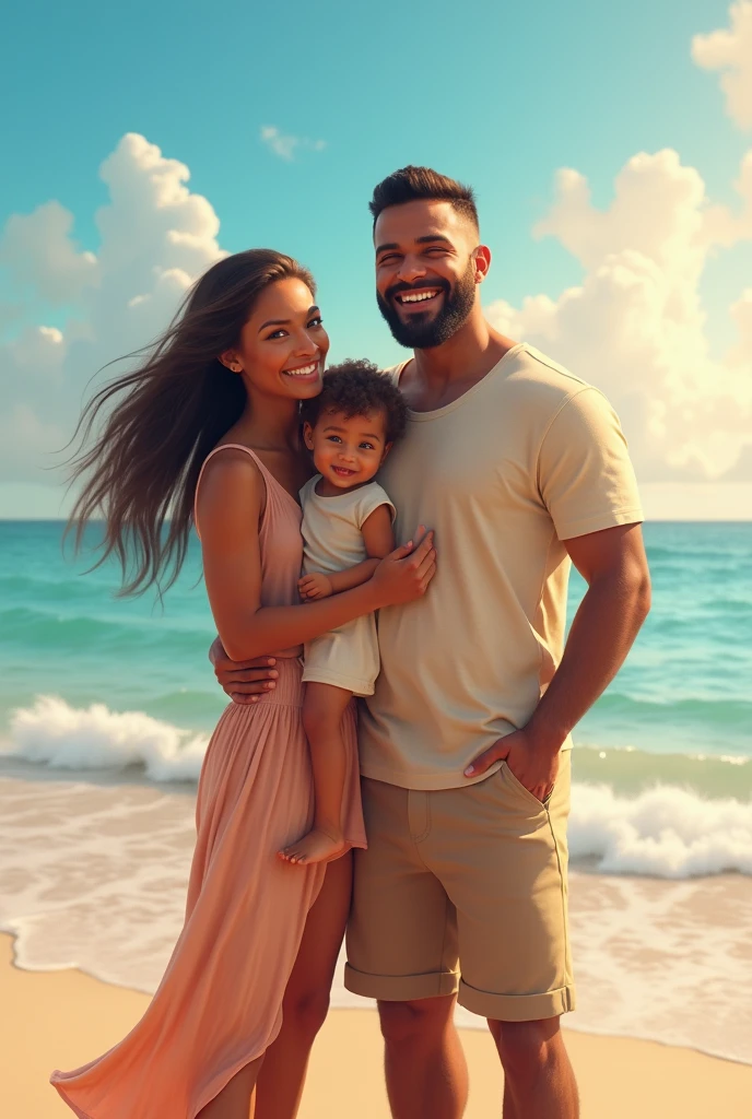 generate a photo of a black man with his beautiful half cast family of wife and four kids wearing bikinis along the beach shore at sunset
