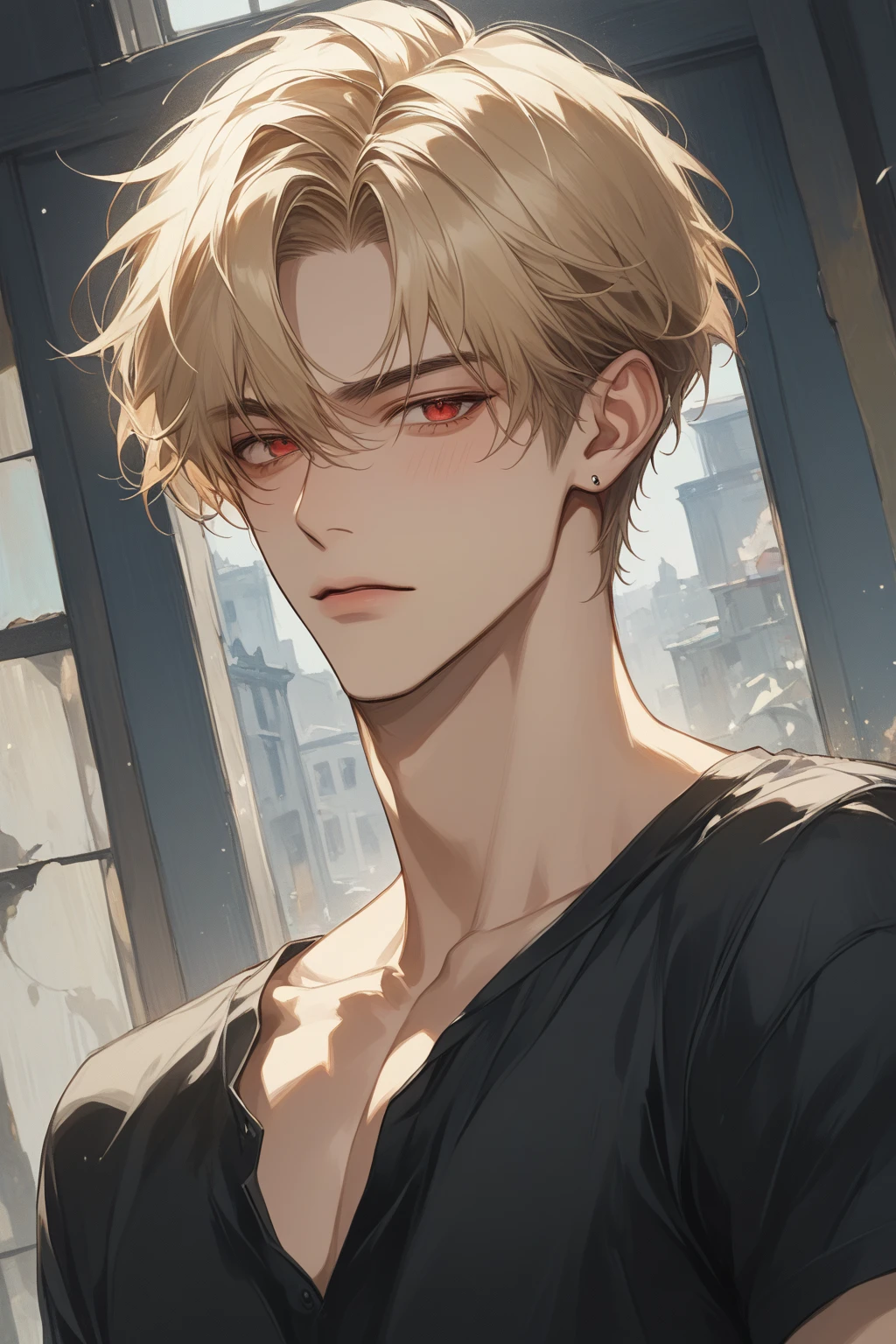 (score_9, score_8_up), short hair, masterpiece, best quality, 1 man , blonde hair , perfect face , red eye , handsome male , Blush, Alone, adult male , delicate line drawingimpasto, masterpiece, high resolution, Top quality, unique , 1 male , nice , tanned skin , blonde haired, black shirts, an abandoned building