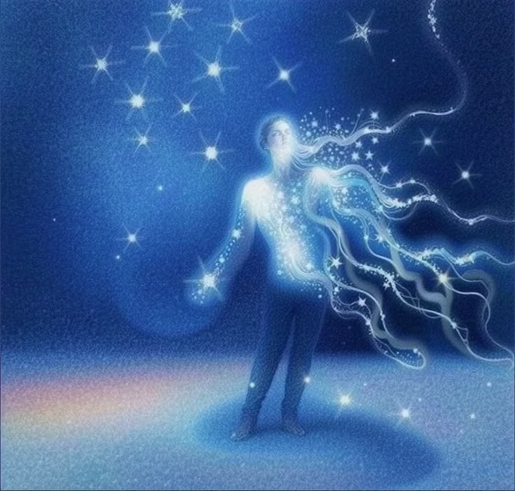 Line painting of a man with long hair and a star in the sky,  Digital art by Anna Füssli, [girl, Modern and educational painting , A line drawing of a man with a long hair and a star in the sky with a low light ,  Energy flowing and flowing , Star Spirit , Star Appearance ,  Angelic light Painting of a man with a long hair and a star in the sky ,  Conceptual Illustration Magic Highlight ,  Magical Energy gently rotating  ,  Energy diffused in the air 