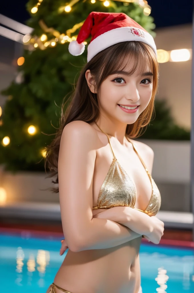 Beautiful woman, Japanese actress, Xmas cap, Xmas goun, ((gold bikini)), looking us, and ((little smiling)), {{walking on the pool in the night}}, (full body shot), incredibly detailed face, incredibly detailed beautiful eye, ((double eyelid)), glossy lips, ((focus on face)), light ginger drill {{long hair}}, ((slender body)), masterpiece, beautiful legs, high quality, best quality, highly detailed, insanely detailed, ((8K))